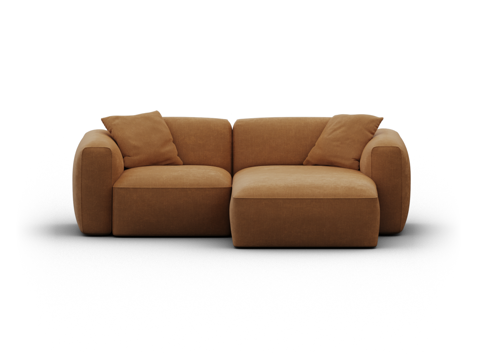 Luxury modular sofa in plush caramel fabric, featuring rounded arms and deep seating. Includes two matching cushions, ideal for contemporary living spaces.