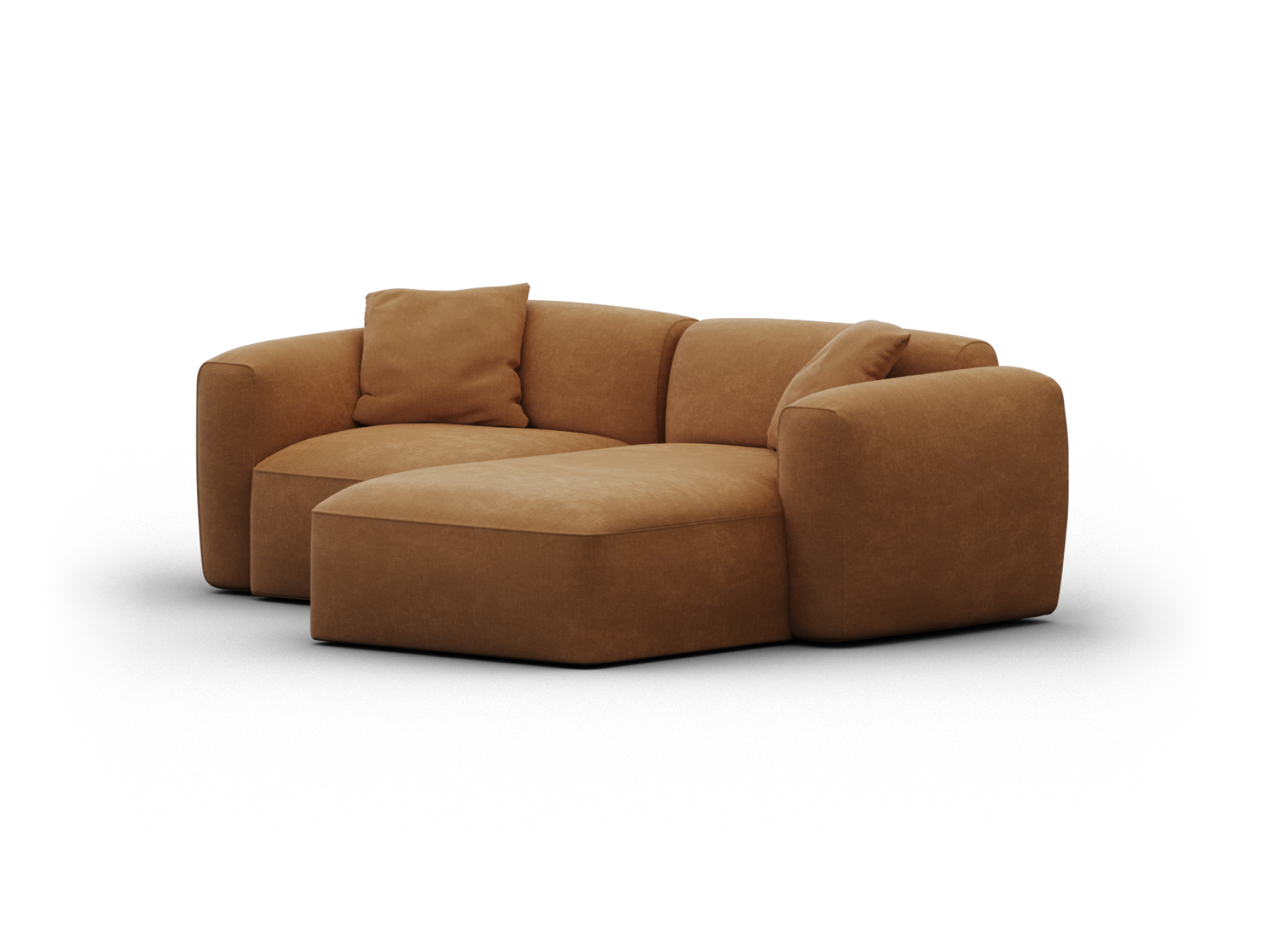 Luxurious sectional sofa in rich tan suede, featuring plush cushions and a contemporary silhouette. Ideal for sophisticated living spaces.