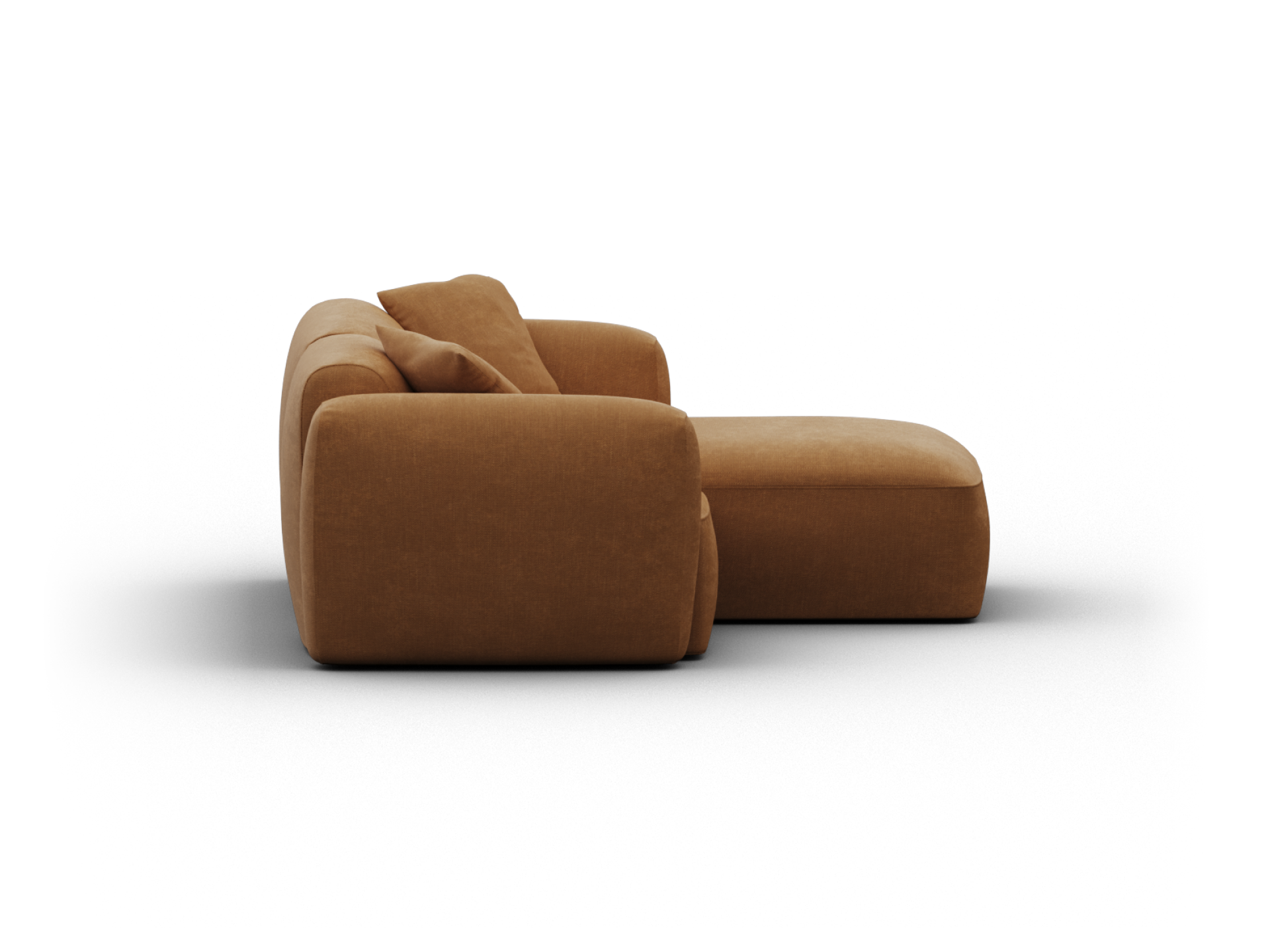 Plush sectional sofa in rich caramel fabric, featuring deep seats and rounded armrests, perfect for a contemporary living room setting.