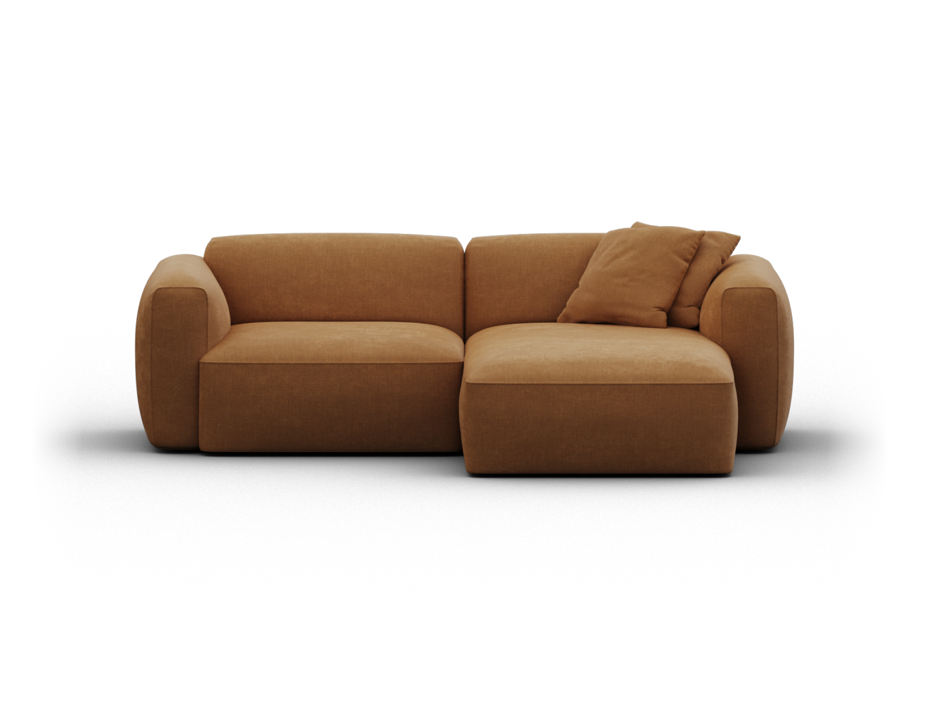 Plush orange-brown modular sofa with rounded armrests, luxurious fabric upholstery, and chaise lounge feature. Perfect for modern living spaces.