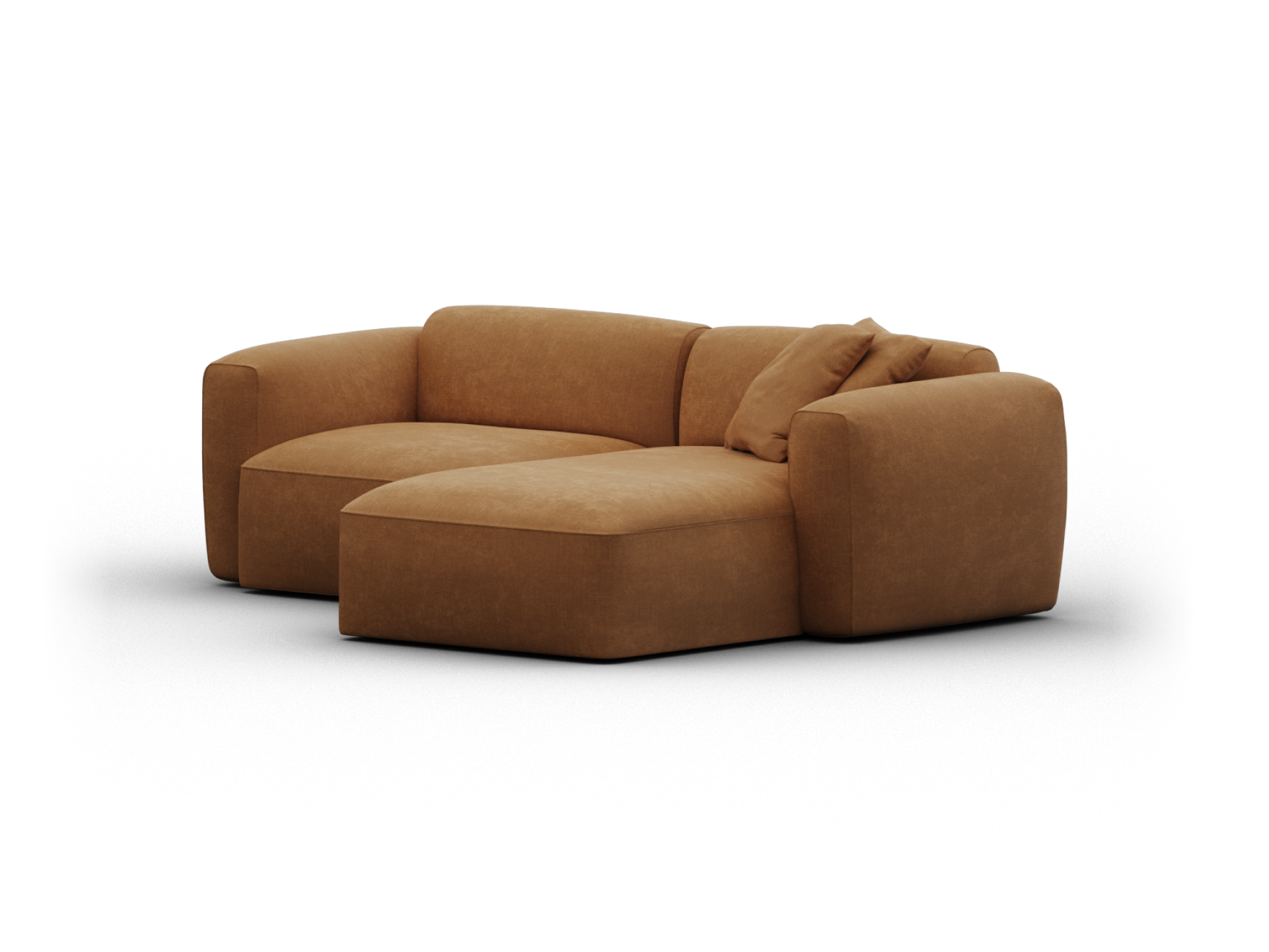 Luxurious tan leather sectional sofa with plush cushions, featuring deep seating and curved armrests. Ideal for a sophisticated, modern living space.