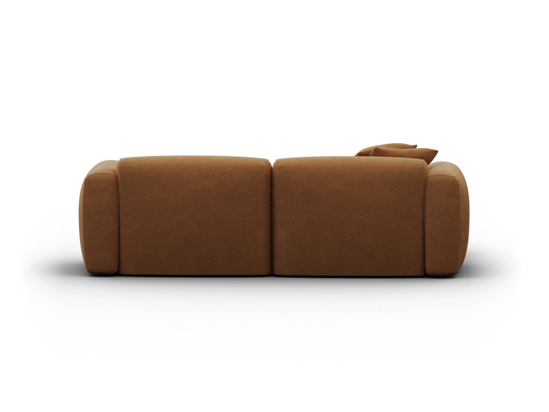 Luxurious two-seater sofa in rich brown leather finish, featuring a minimalist silhouette and plush cushioning, ideal for a contemporary living room setting.