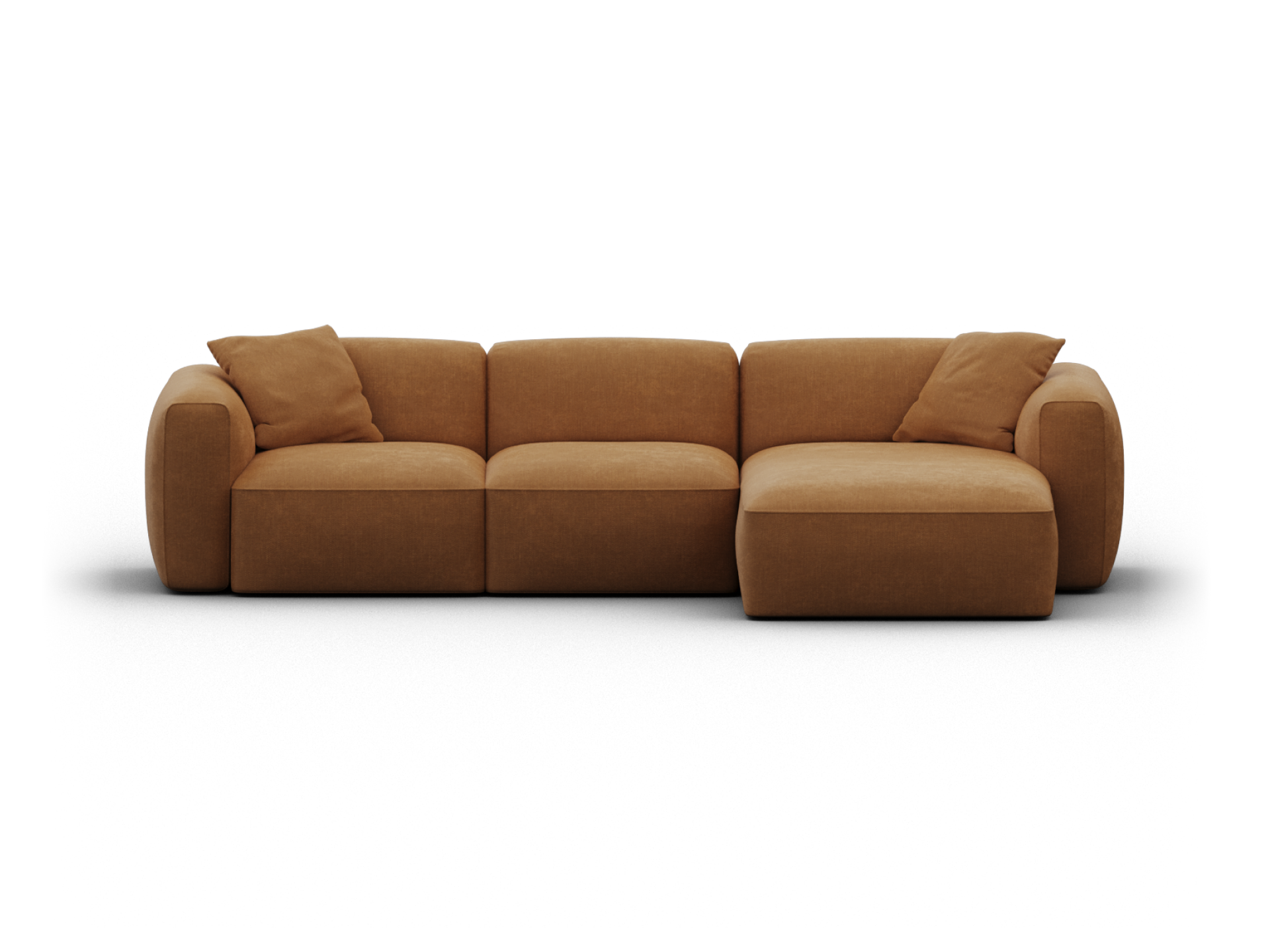 Luxurious modular sofa in rich caramel fabric, featuring plush cushioning and a chaise lounge. Perfect for a sophisticated living room setting.