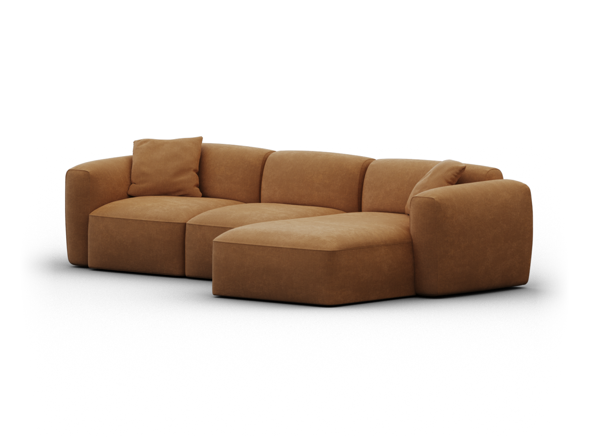 Luxurious modular sectional lounge in rich cognac leather featuring plush cushions, clean lines, and a spacious chaise, ideal for contemporary living spaces.