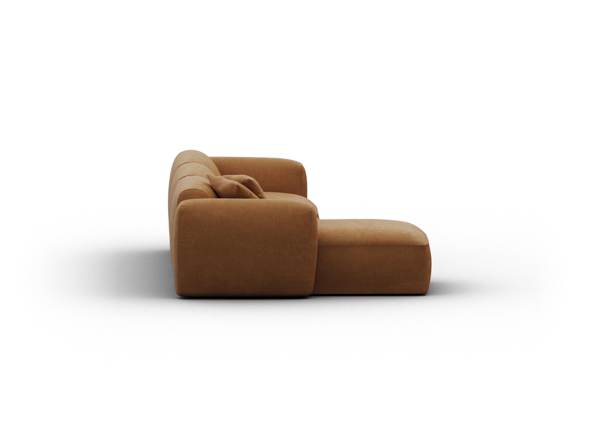 Luxurious modern chaise lounge in rich caramel fabric, featuring plush cushioning and a sleek profile, perfect for a sophisticated living room setting.