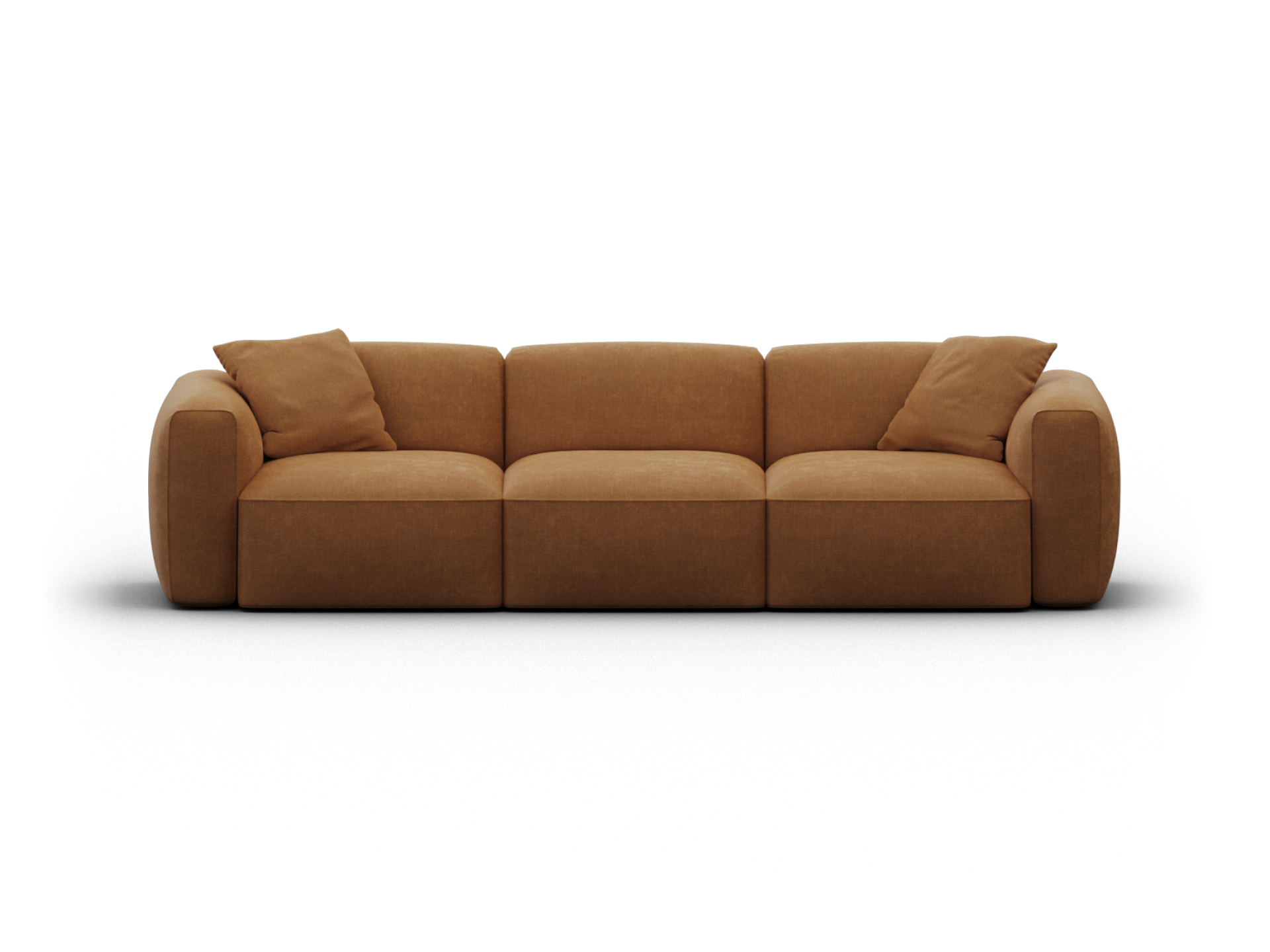 Luxurious modular sofa in rich caramel suede, featuring plush cushions and a contemporary silhouette. Perfect for a high-end living room setting.