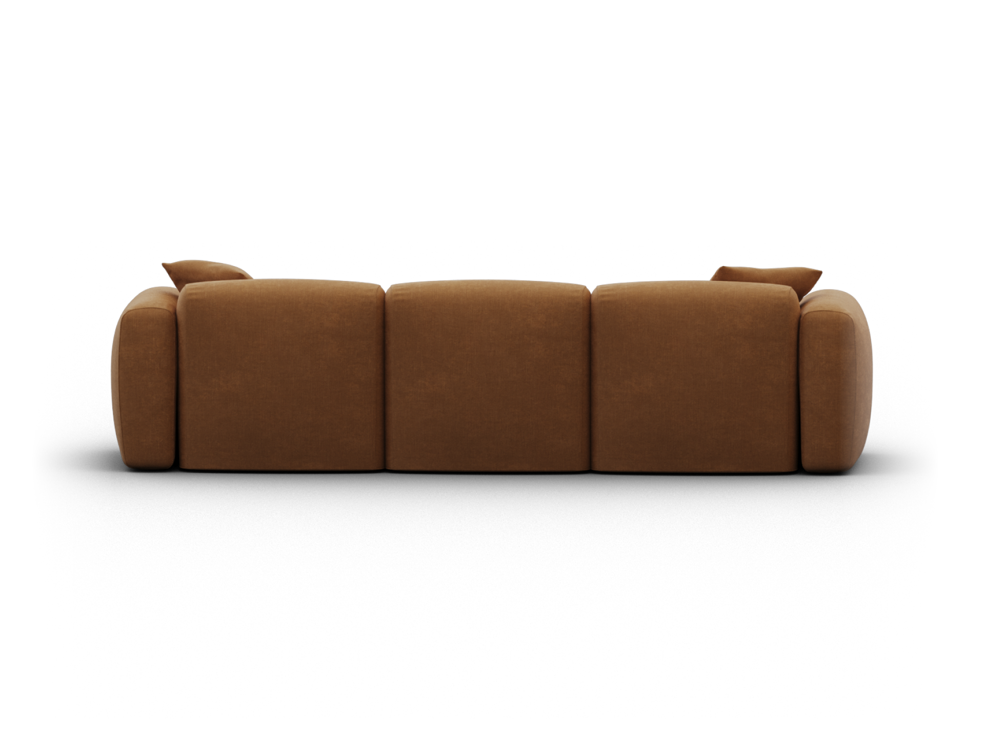 Luxurious three-seater sofa in warm tan leather, featuring plush cushions and a minimalist silhouette. Perfect for a sophisticated living space.