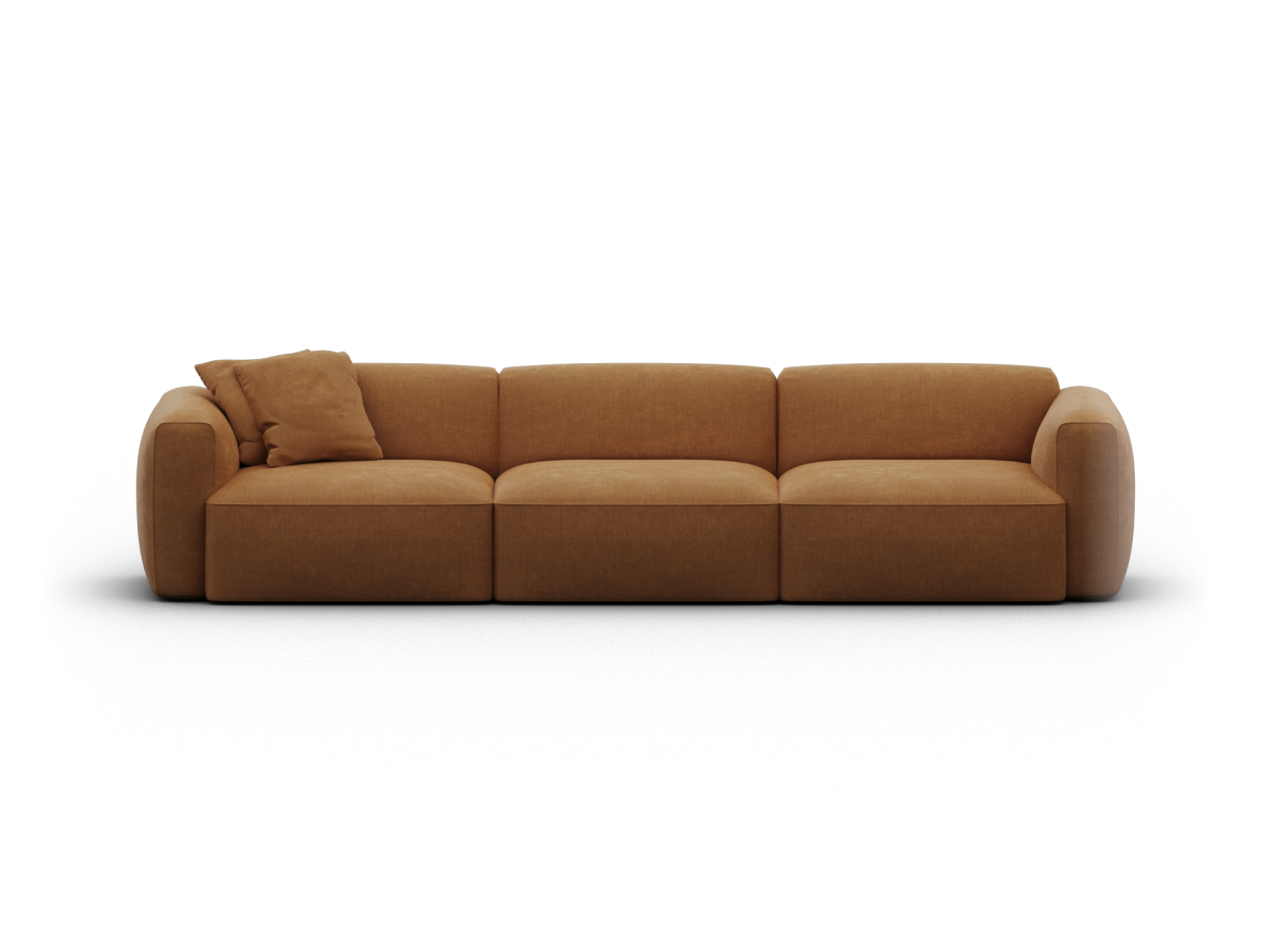 Elegant modular sofa in deep caramel fabric, featuring plush cushions and rounded armrests. Perfect for a sophisticated contemporary living room.