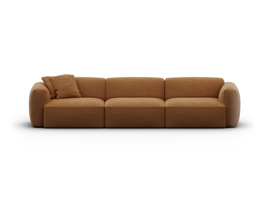 Luxurious modular sofa in warm caramel fabric upholstery, featuring clean lines, plush cushioning, and a modern silhouette, ideal for contemporary living spaces.