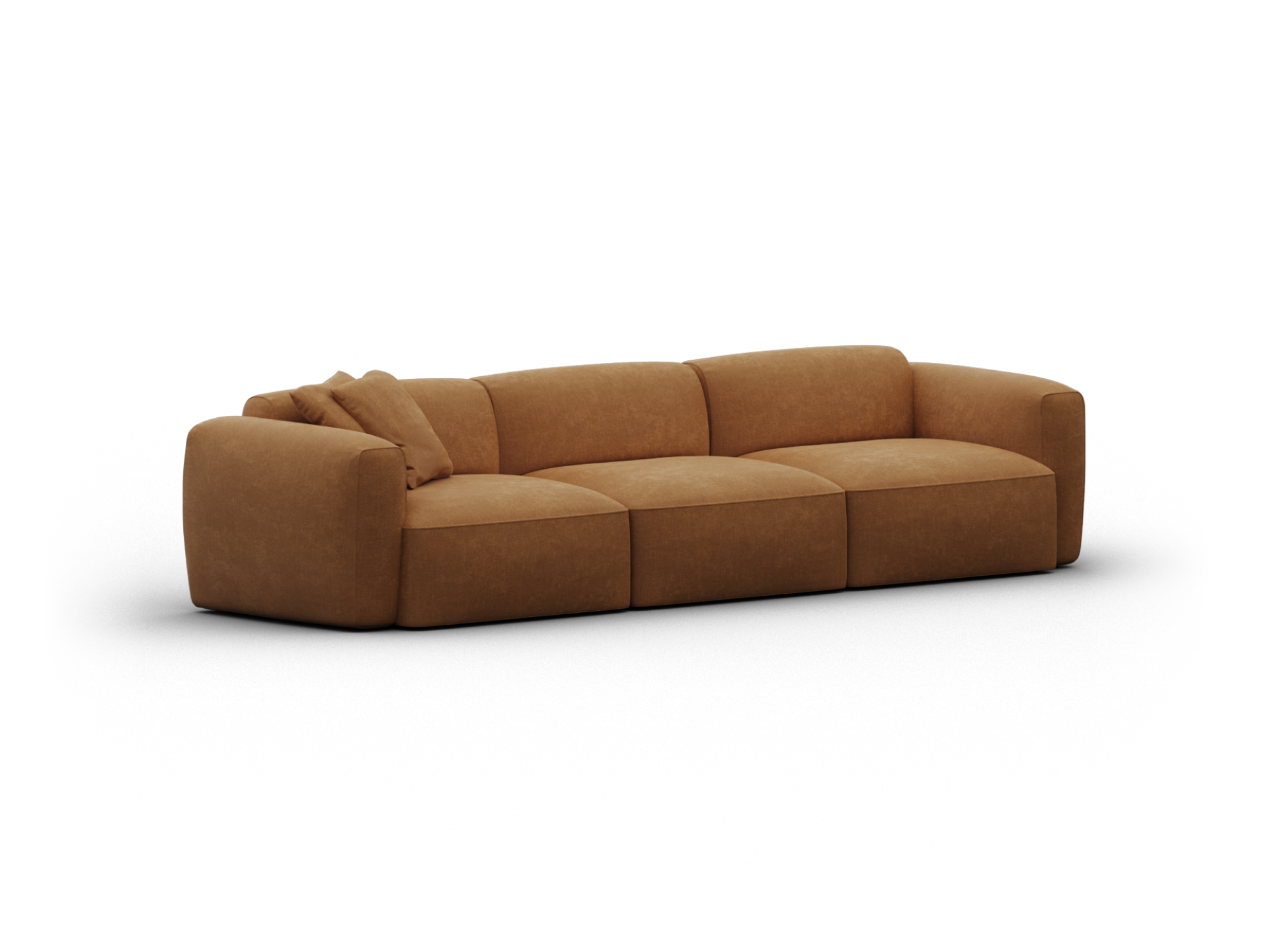 Luxurious brown leather sofa featuring a minimalist modular design with plush cushions, set in a contemporary living space for modern elegance.