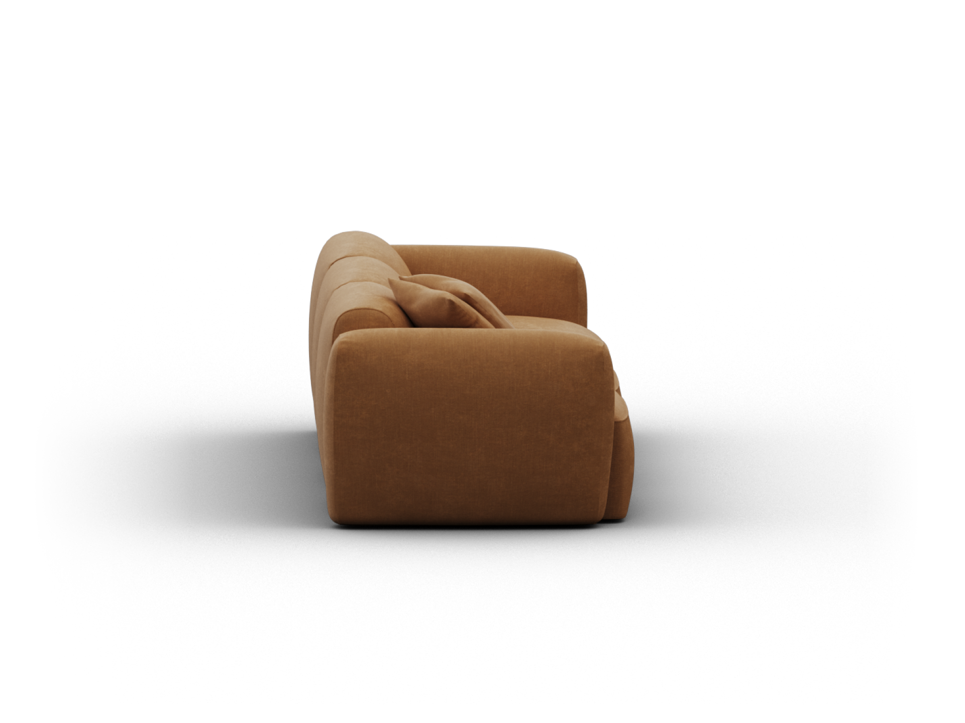 Luxurious caramel-brown velvet sofa with plush, curved design. Features deep cushioning for ultimate comfort. Perfect for a modern, sophisticated living space.