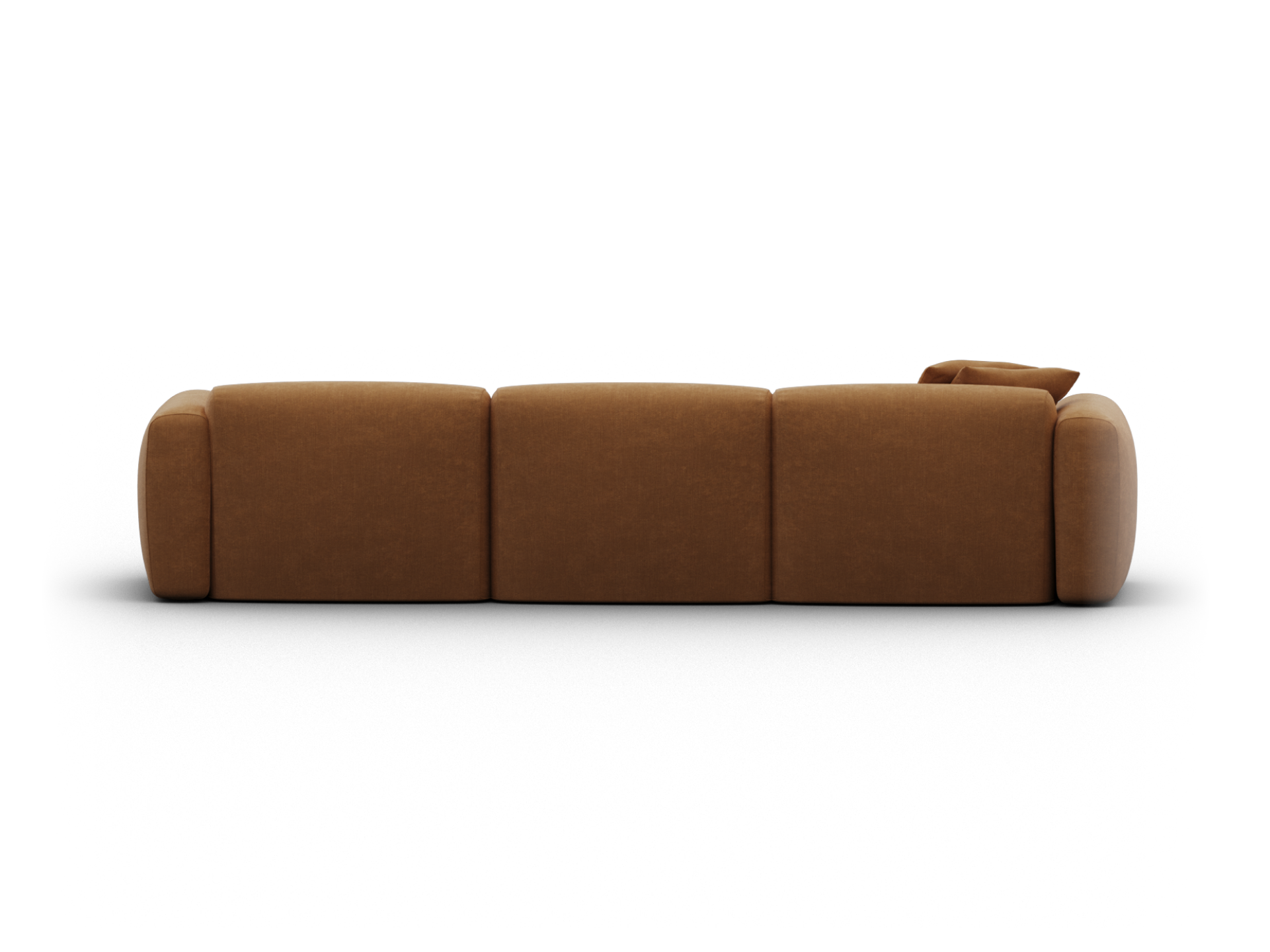 Luxurious three-seater sofa in rich tan leather, featuring plush, rounded arms and back. Modern design complements any sophisticated living area.