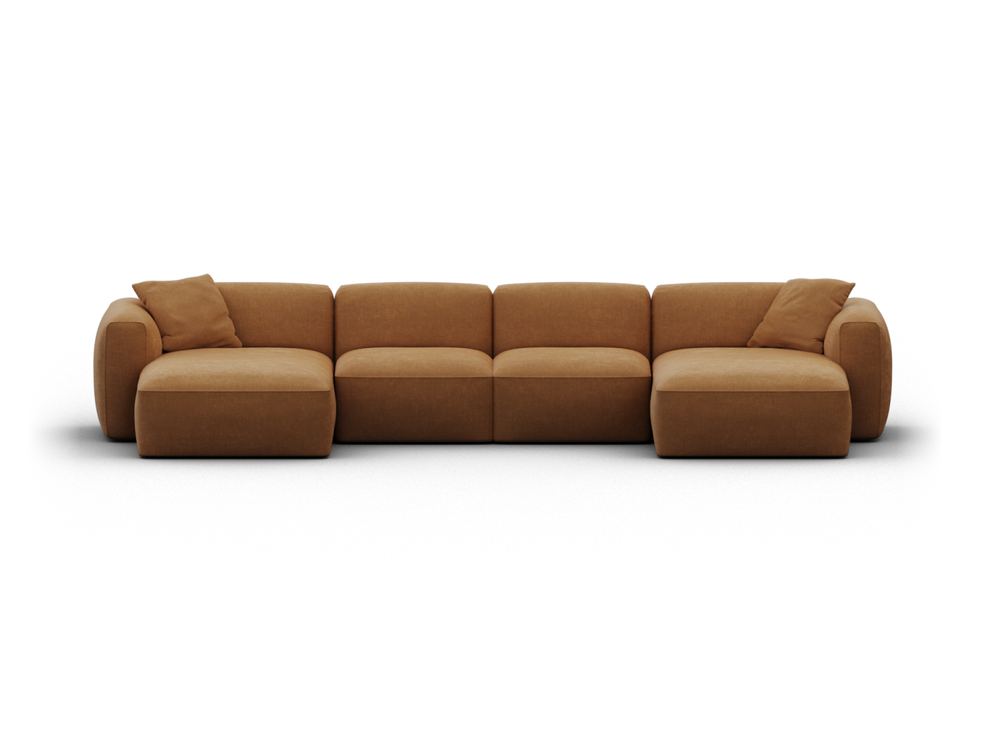 Luxurious caramel velvet modular sofa with plush cushions, featuring a modern, curved design. Ideal for sophisticated living spaces.