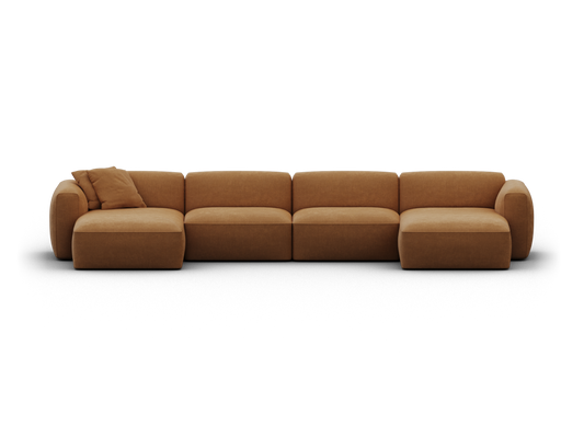 Luxurious modular sofa in rich caramel upholstery, featuring plush cushions and geometric lines, perfect for a contemporary living space.