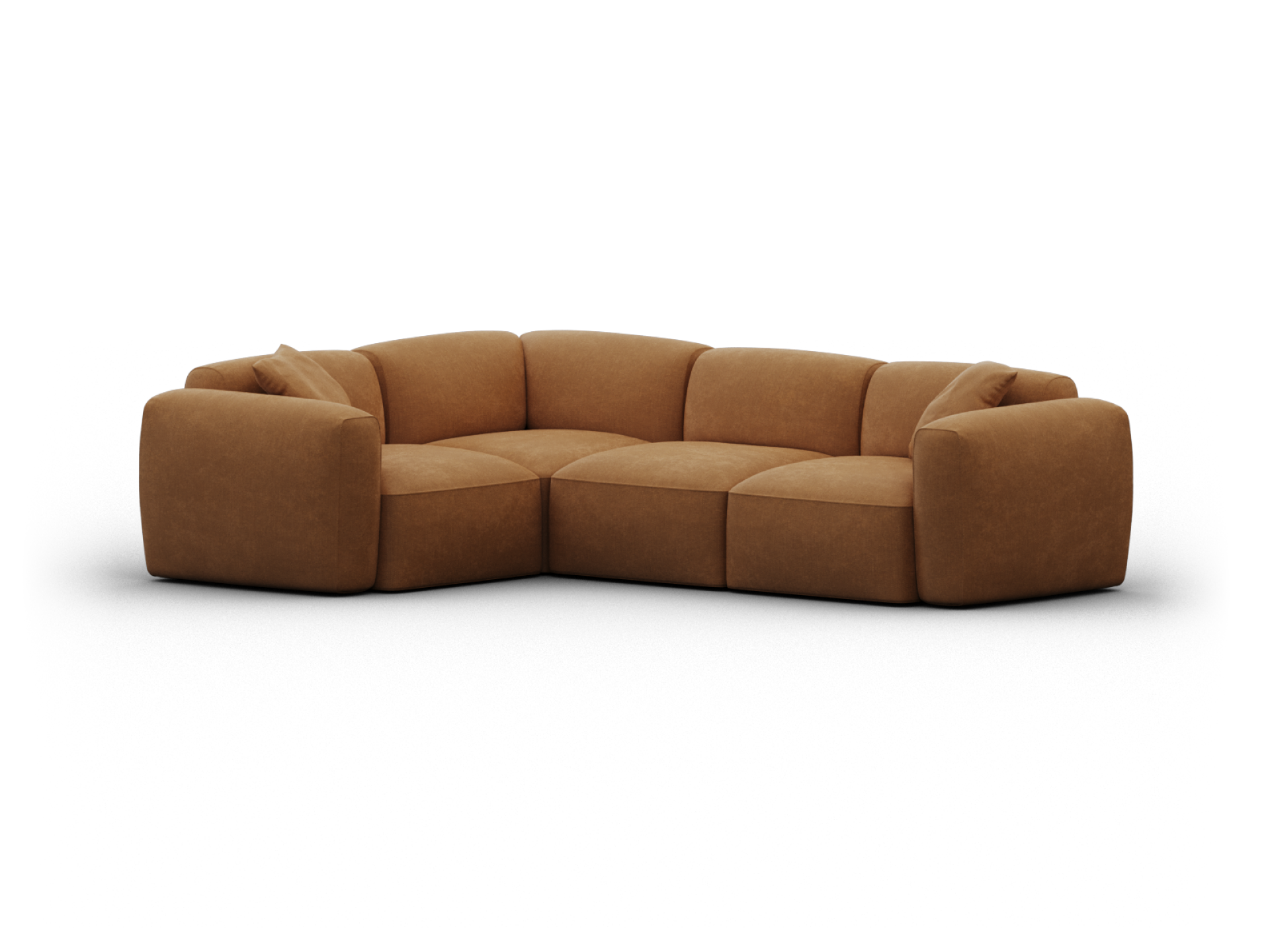 Luxurious modular sectional sofa in rich cognac leather with plush cushioning, set in a sleek, minimalist living space. Perfect for contemporary interiors.