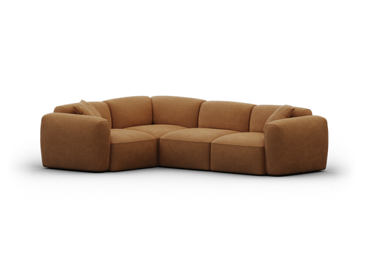 Luxurious modular sectional sofa in rich cognac leather with plush cushioning, set in a sleek, minimalist living space. Perfect for contemporary interiors.
