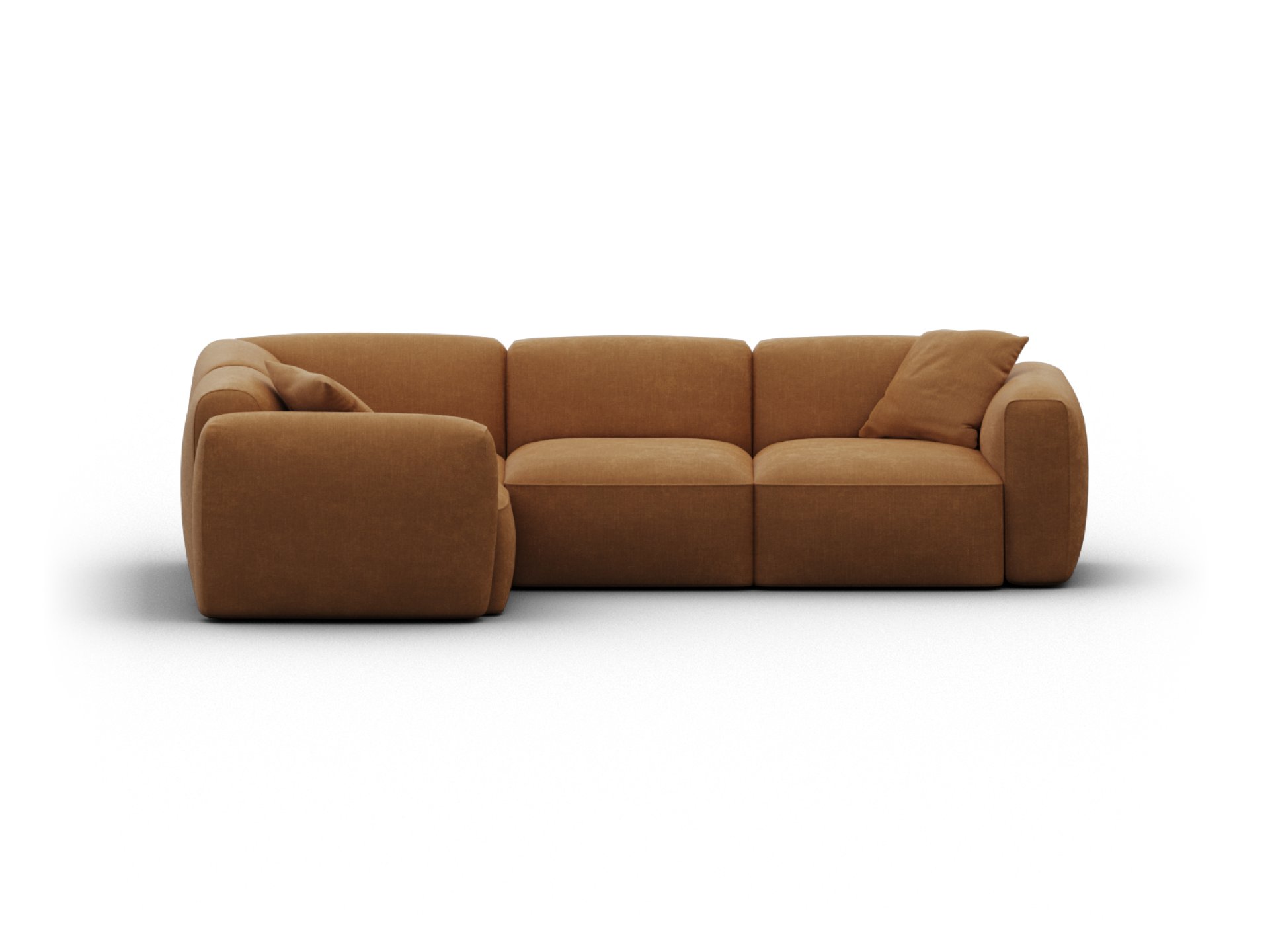 Luxurious modular sectional sofa in rich caramel suede finish, featuring plush cushions and deep seating. Ideal for sophisticated, modern living spaces.