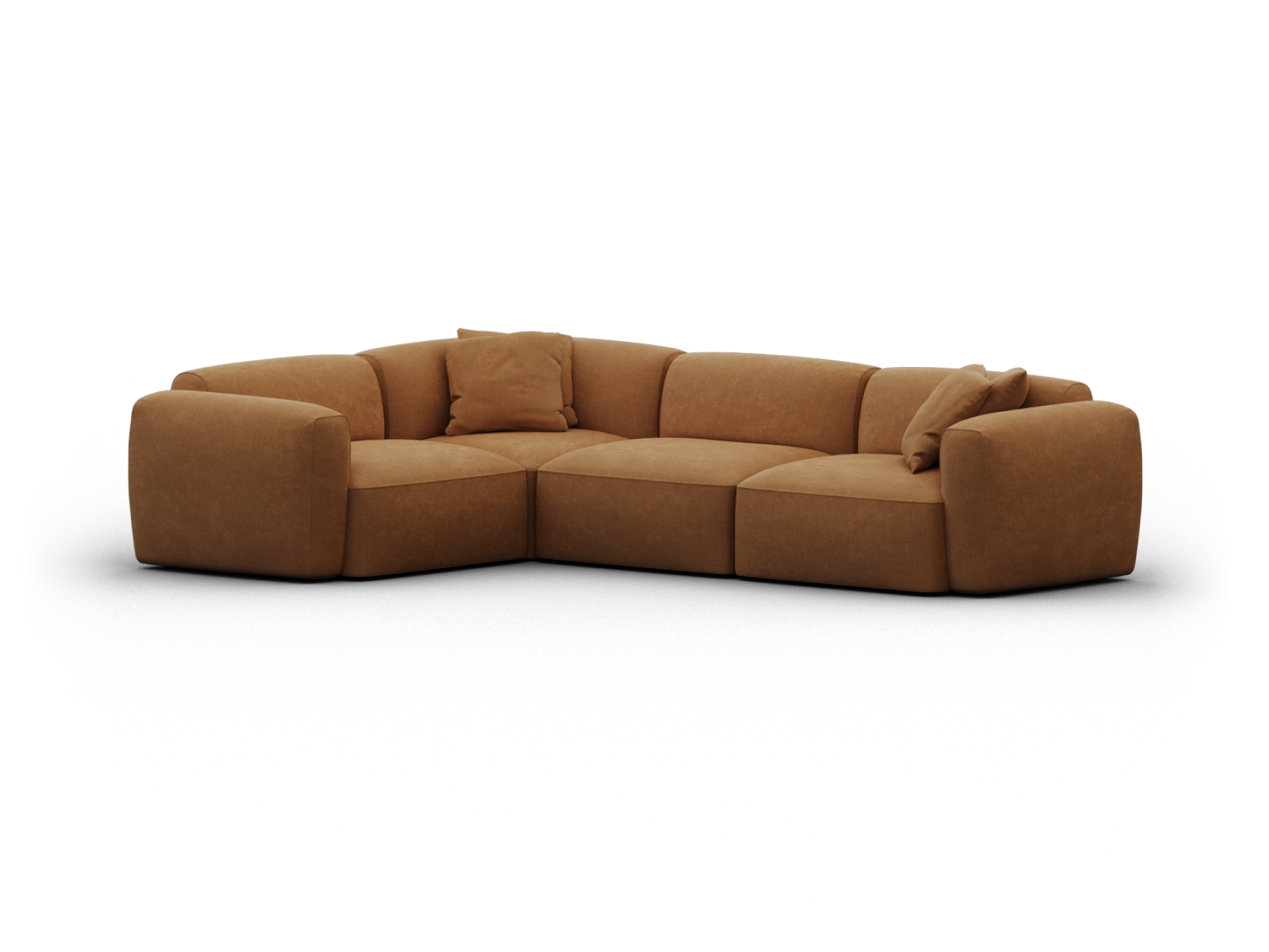 Luxurious tan leather sectional sofa with plush cushions, featuring modular design and clean lines. Perfect for contemporary living spaces.
