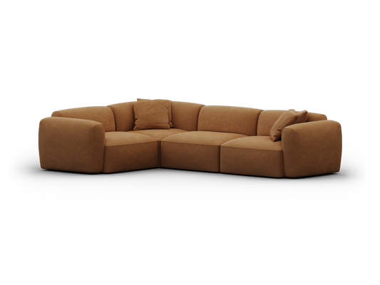 Luxurious modular corner sofa in rich caramel leather, featuring deep, plush cushions and contemporary lines, perfect for modern living rooms.