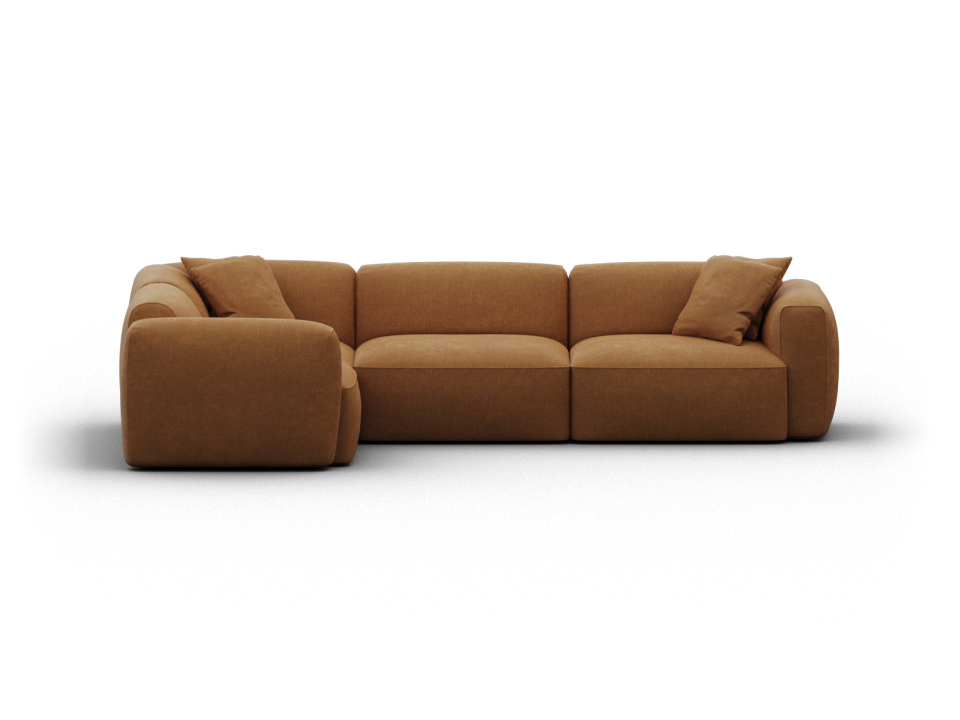 Premium caramel fabric sofa with deep cushioning, modular design, and rounded armrests, creating a luxurious focal point in contemporary living rooms.
