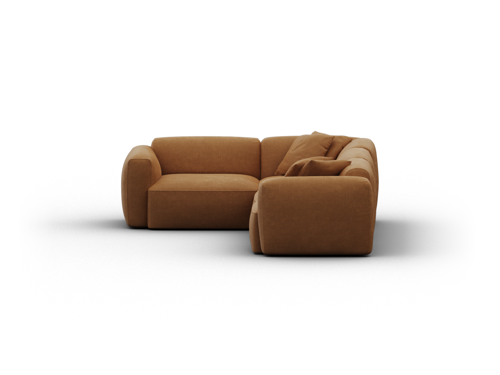 Luxurious brown suede sectional sofa with rounded edges and plush cushions, offering cosy seating. Perfect for contemporary living spaces.