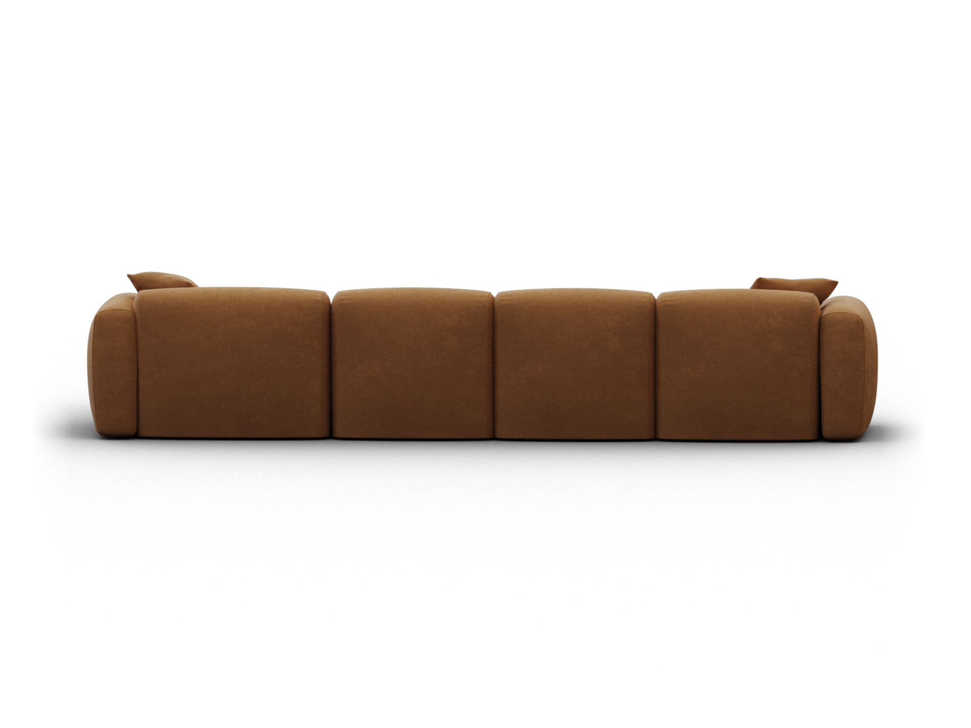 Luxurious modular sofa in rich tan leather with plush, rounded cushions. Features a sleek, low-profile design perfect for a sophisticated living space.