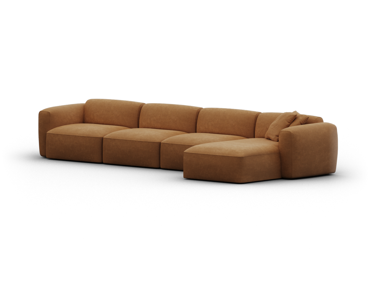 Luxurious modular brown suede sectional sofa with chaise, featuring plush cushions and clean lines. Perfect for sophisticated living spaces.