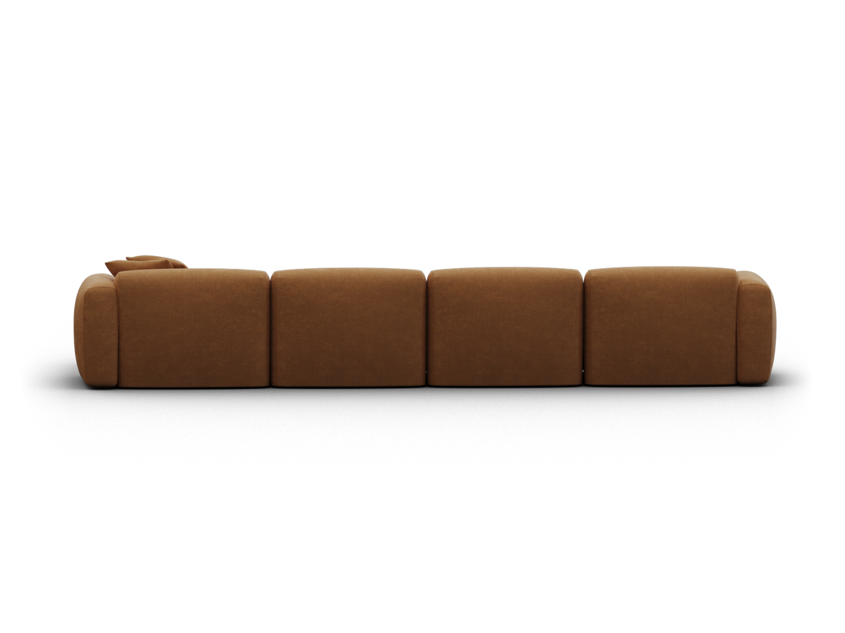 Luxurious leather modular sofa in rich caramel brown. Features plush cushioning and a streamlined design. Perfect for sophisticated living rooms.