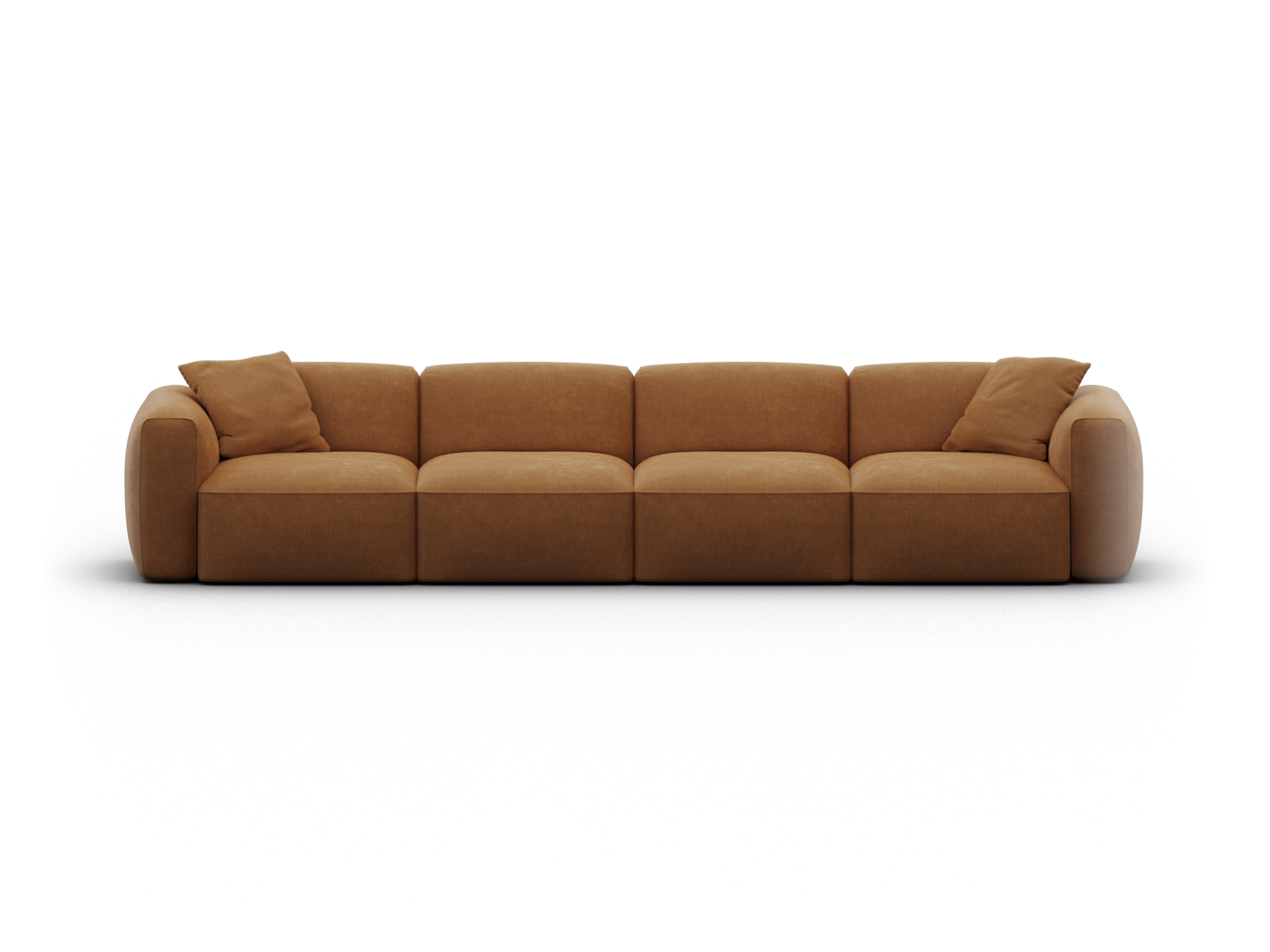 Plush modular sofa in rich caramel fabric, featuring deep seats and rounded armrests, designed for contemporary living spaces.