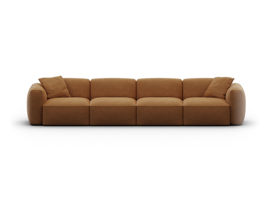 Plush modular sofa in rich caramel fabric, featuring deep seats and rounded armrests, designed for contemporary living spaces.