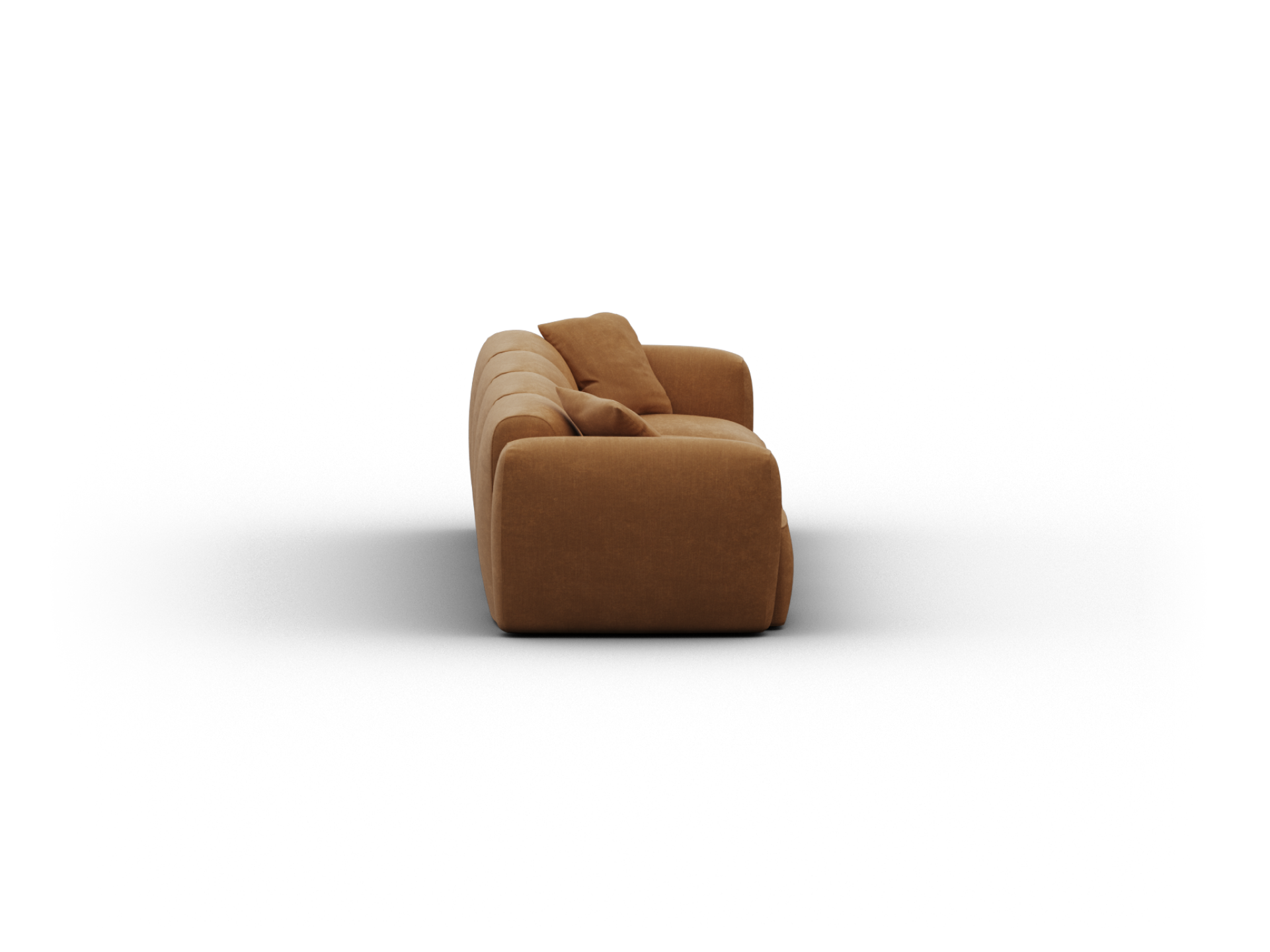 Plush contemporary sofa, upholstered in rich caramel velvet, features deep cushioning and sleek lines, ideal for a luxury living room setting.