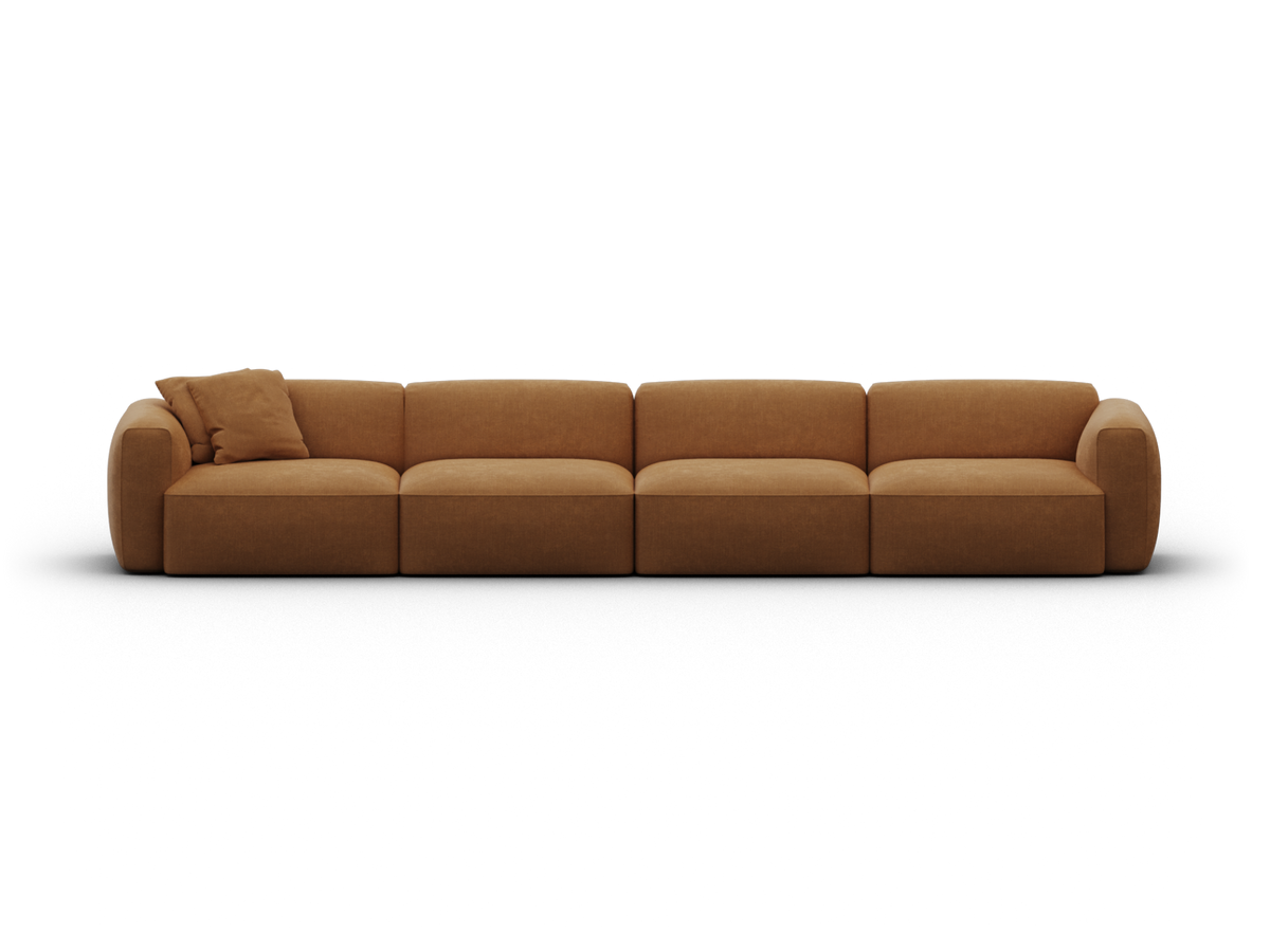 Luxurious four-seater modular sofa in rich tan fabric, featuring plush cushioning and a minimalist design. Perfect for contemporary living spaces.