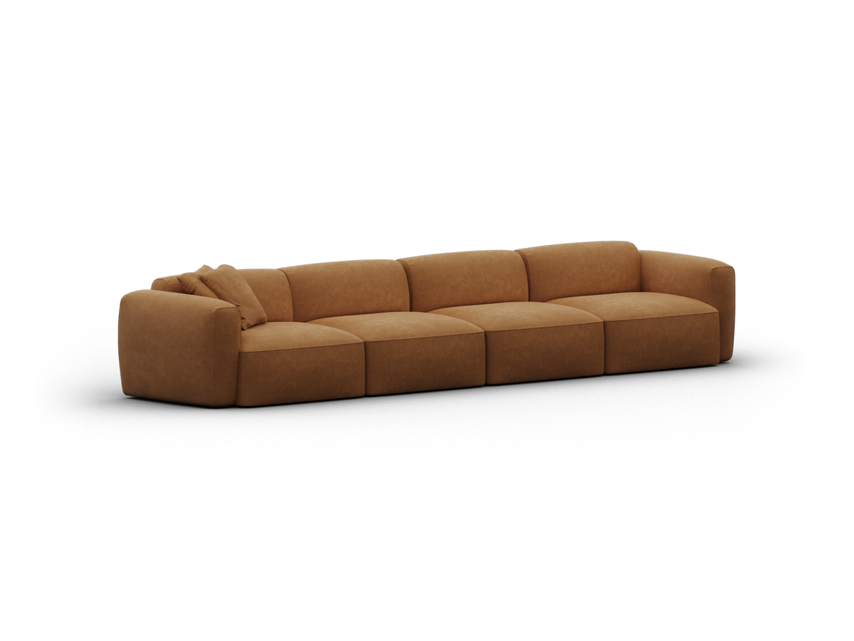 Luxurious brown suede modular sofa with deep seats and plush cushioning, set in a contemporary living room. Ideal for modern, elegant interiors.