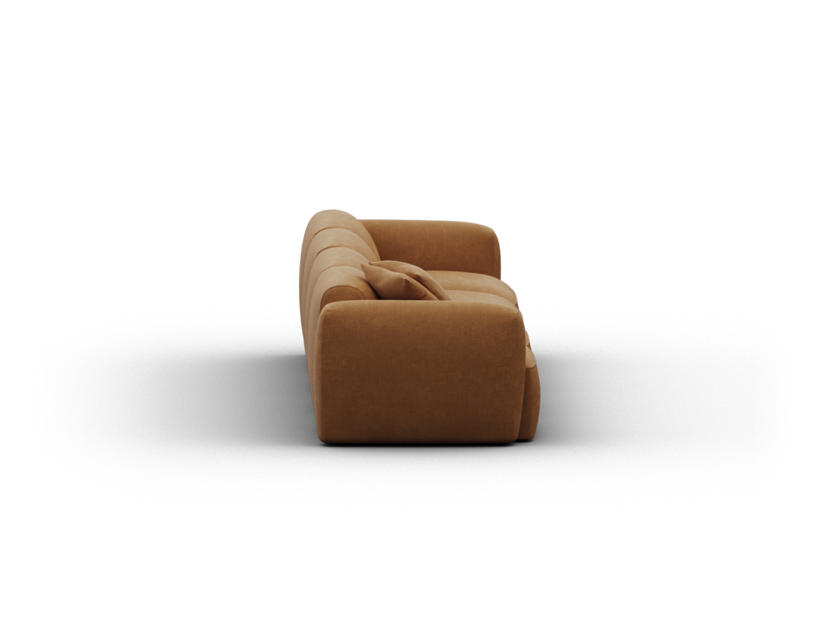 Luxurious tan fabric sofa with plush cushions, featuring modern curved armrests and elegant tufting, perfect for a refined living space.