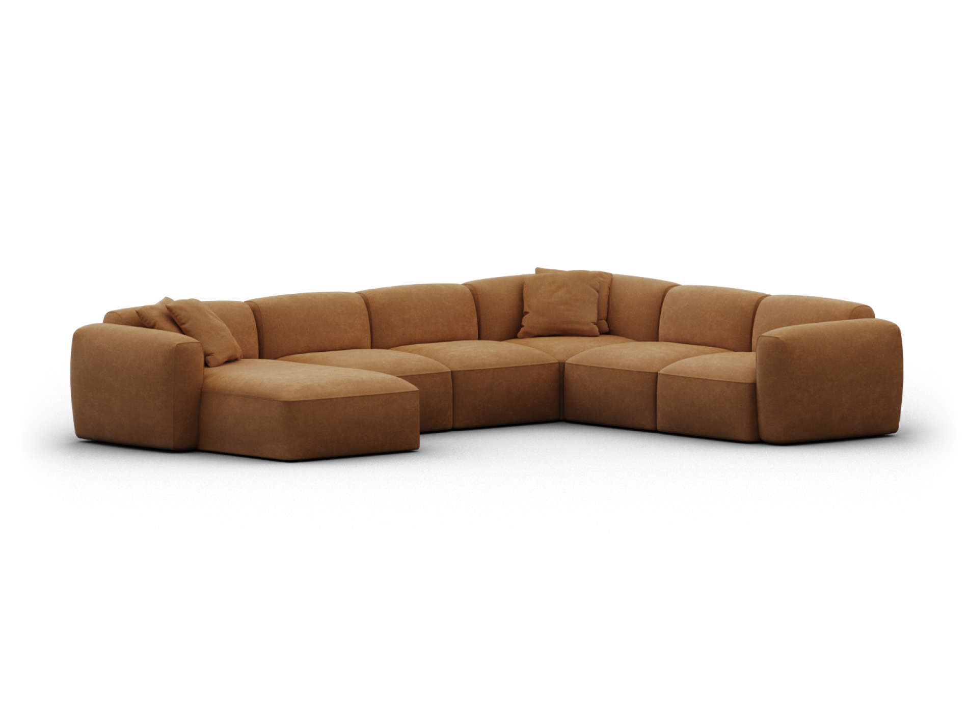 Tan leather modular sectional sofa with plush cushions, featuring an L-shape. Set in a spacious living area for a modern, sophisticated look.