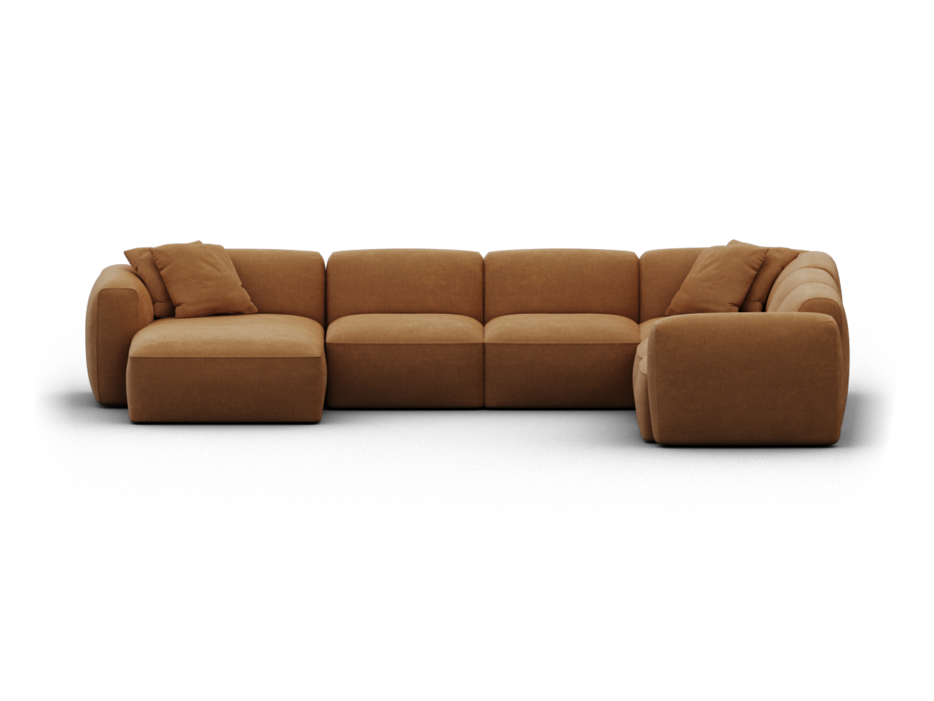 Luxurious modular sectional sofa in rich caramel velvet with plush, rounded cushions. Features a left-hand chaise for elegant lounging in a modern living space.