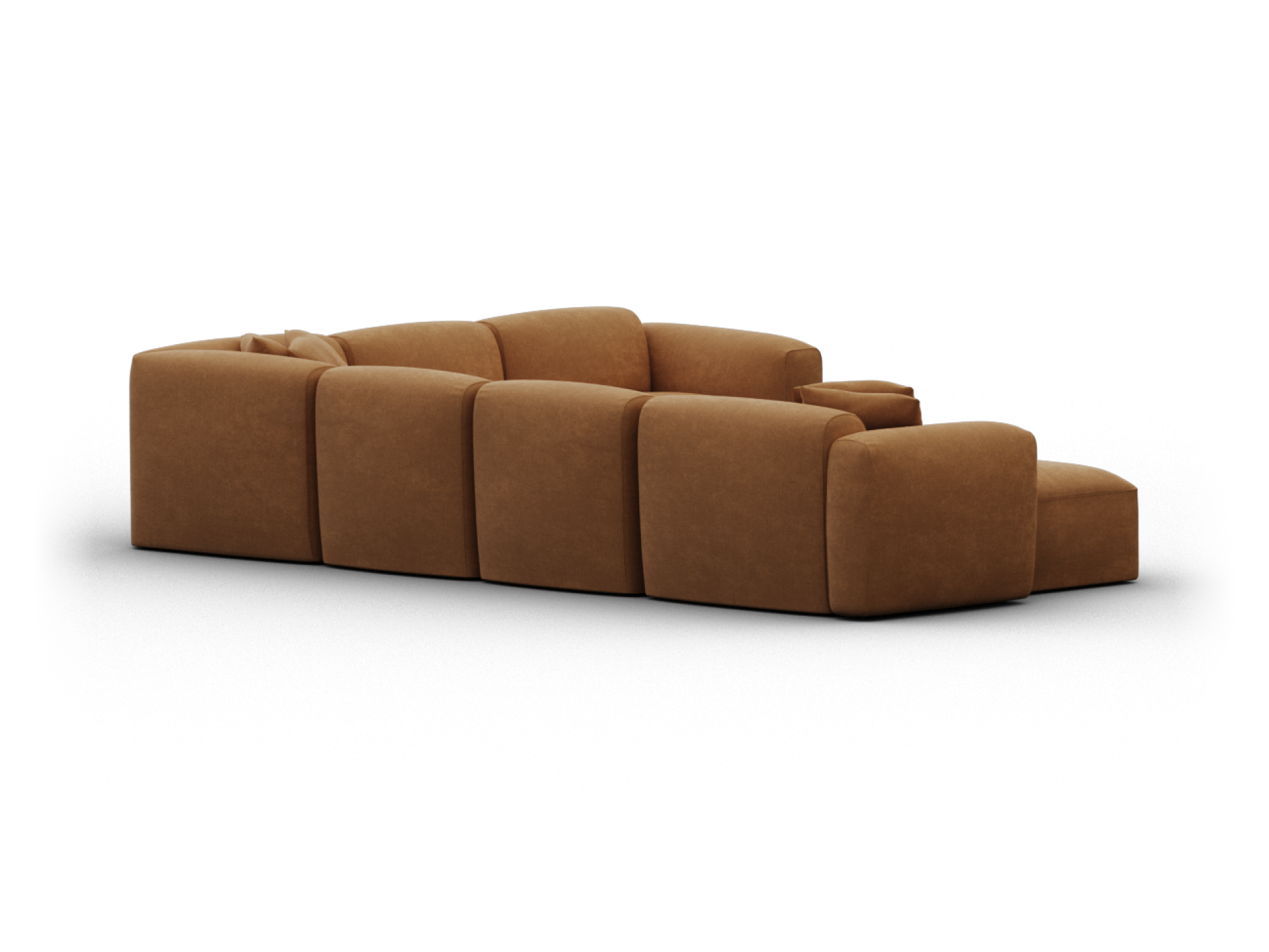 Luxurious modular sofa in rich tan suede, featuring deep cushions and a sleek sectional design. Ideal for contemporary living spaces.