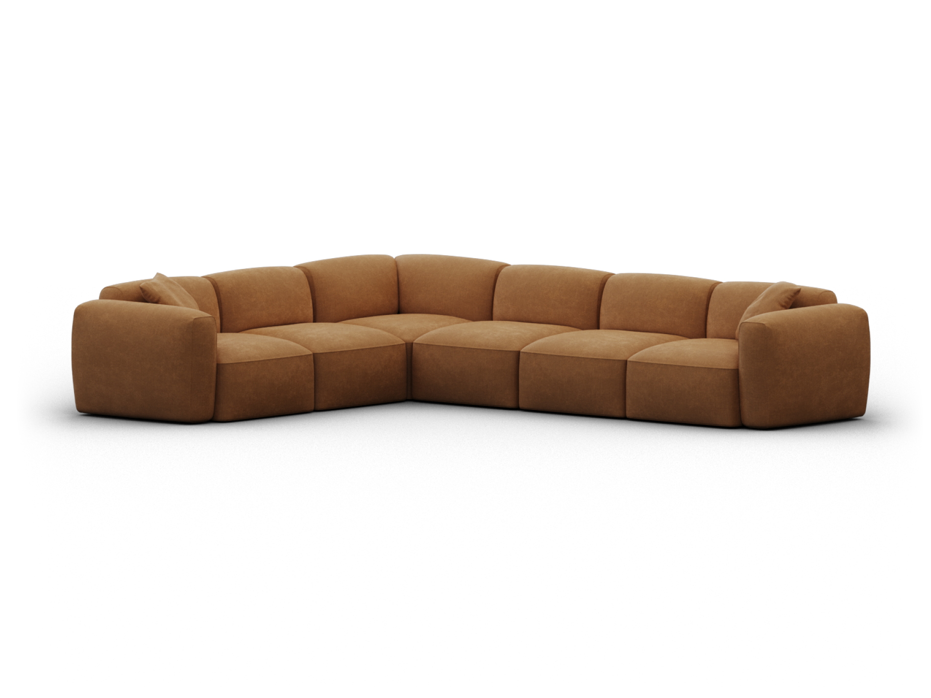 L-shaped modular sofa in rich caramel suede, featuring plush cushions and a minimalist silhouette. Ideal for a contemporary living space.