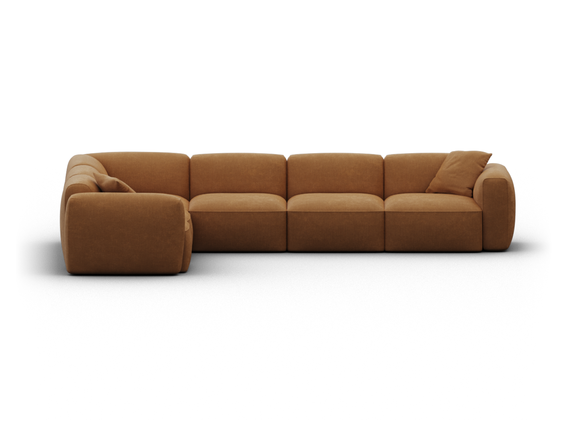 Luxurious L-shaped sectional sofa in rich tan leather with plush cushioning, low profile, and sleek lines, perfect for contemporary living spaces.