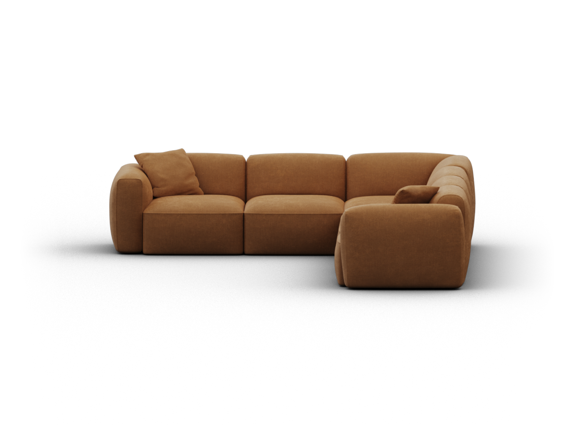 Luxurious L-shaped sectional sofa in rich caramel suede, featuring plush cushions and rounded edges. Perfect for a contemporary living room.