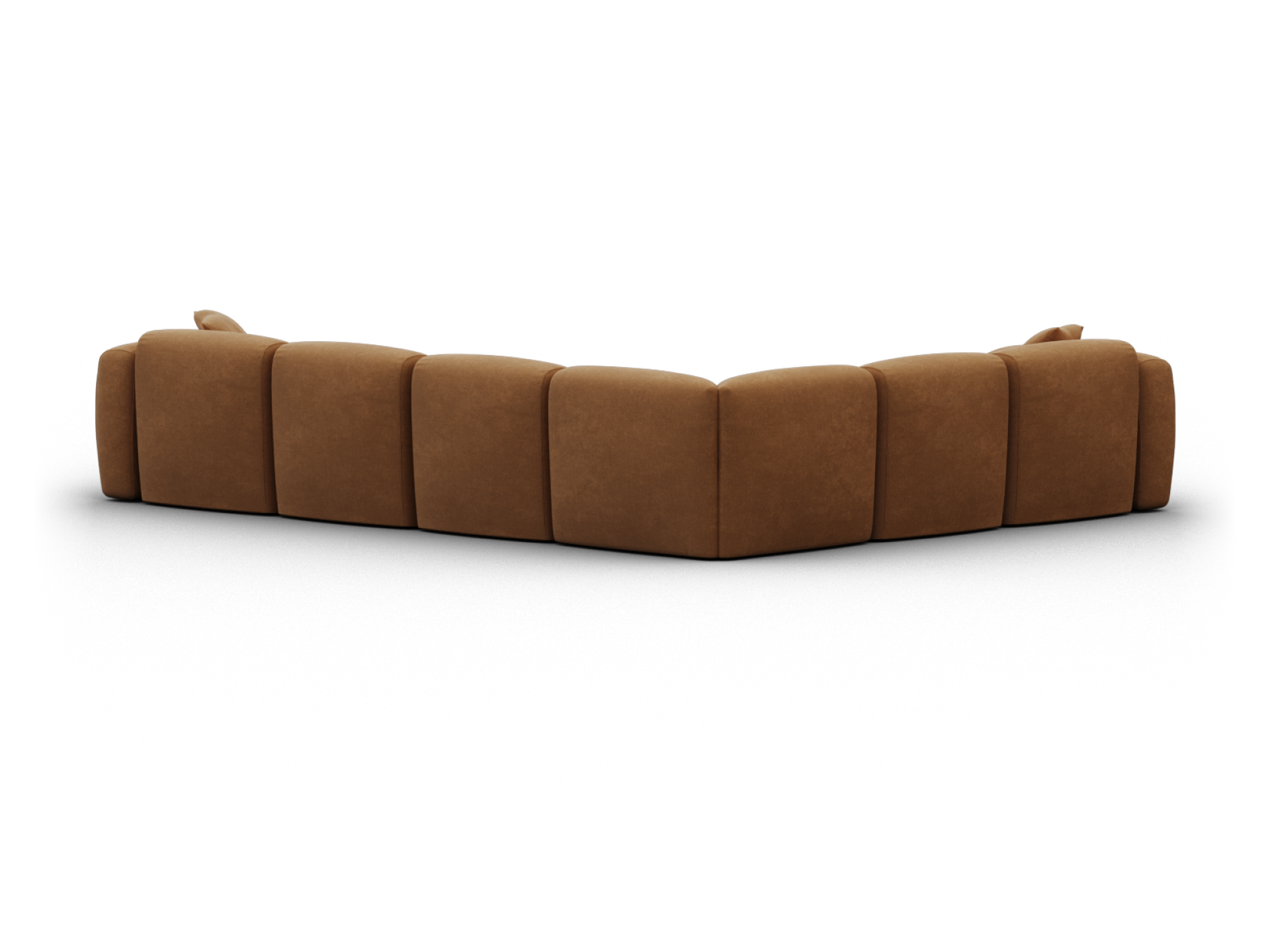 Luxury L-shaped sectional sofa in rich brown suede, featuring plush cushions and sleek modular lines, perfect for a sophisticated living space.