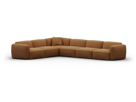 Luxurious L-shaped sectional sofa in rich tan leather, featuring plush cushions and wide armrests, ideal for a sophisticated living room setting.