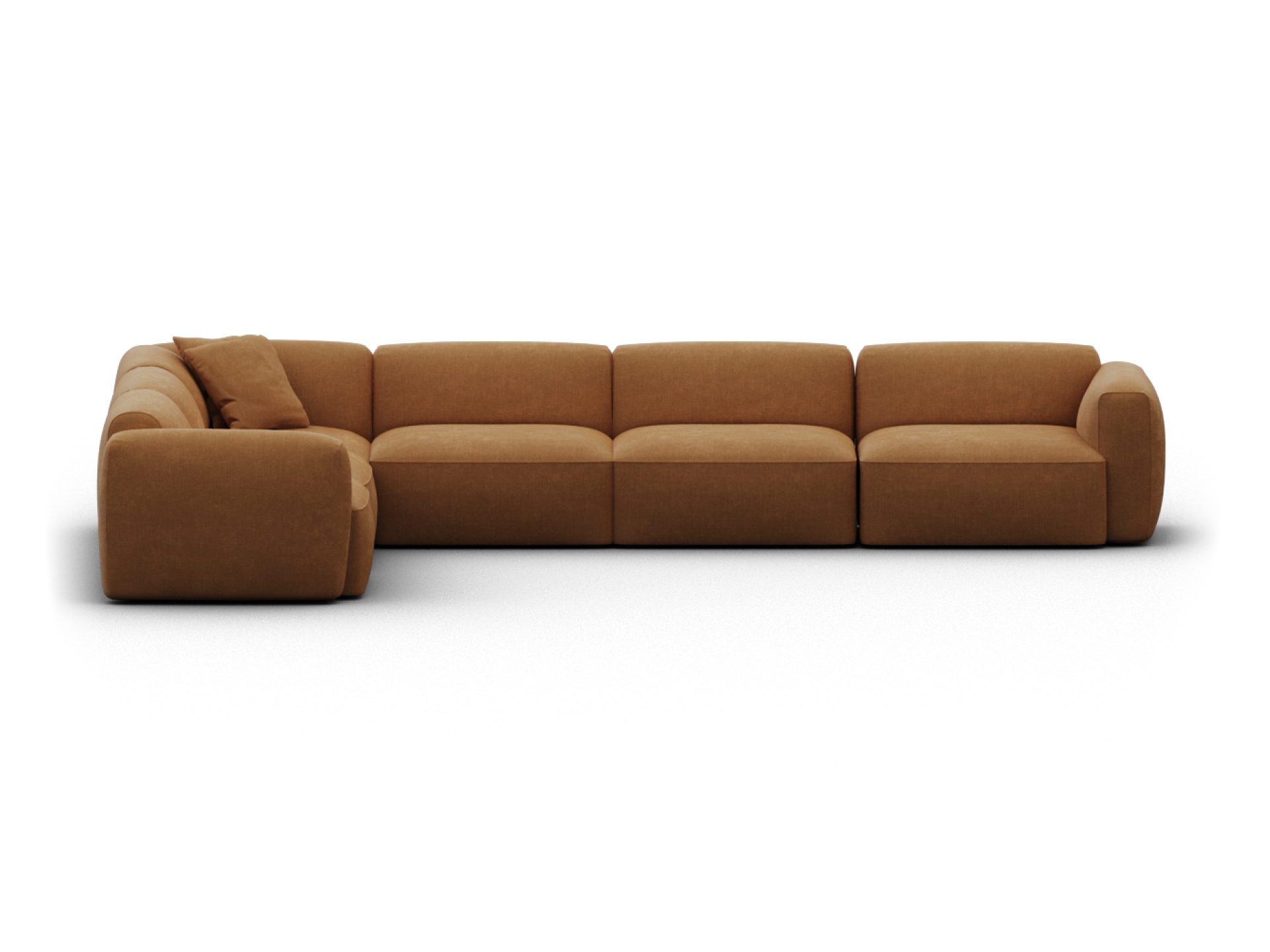Luxurious L-shaped sectional sofa in warm terracotta upholstery, featuring plush cushioning and sleek lines. Ideal for a sophisticated, contemporary living room.