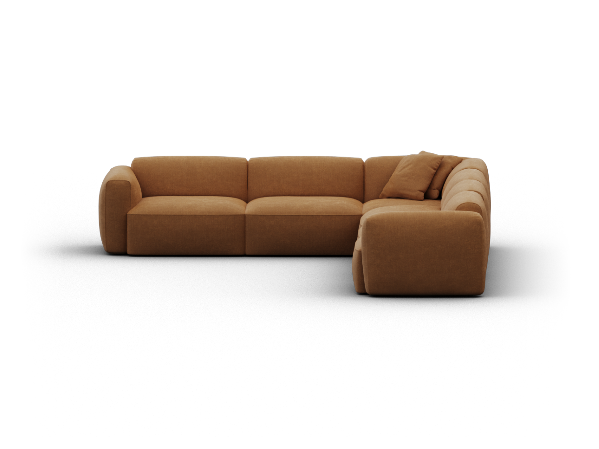 Luxurious L-shaped sectional sofa in rich, caramel suede. Features plush, deep cushioning and curved arms. Ideal for sophisticated living spaces.