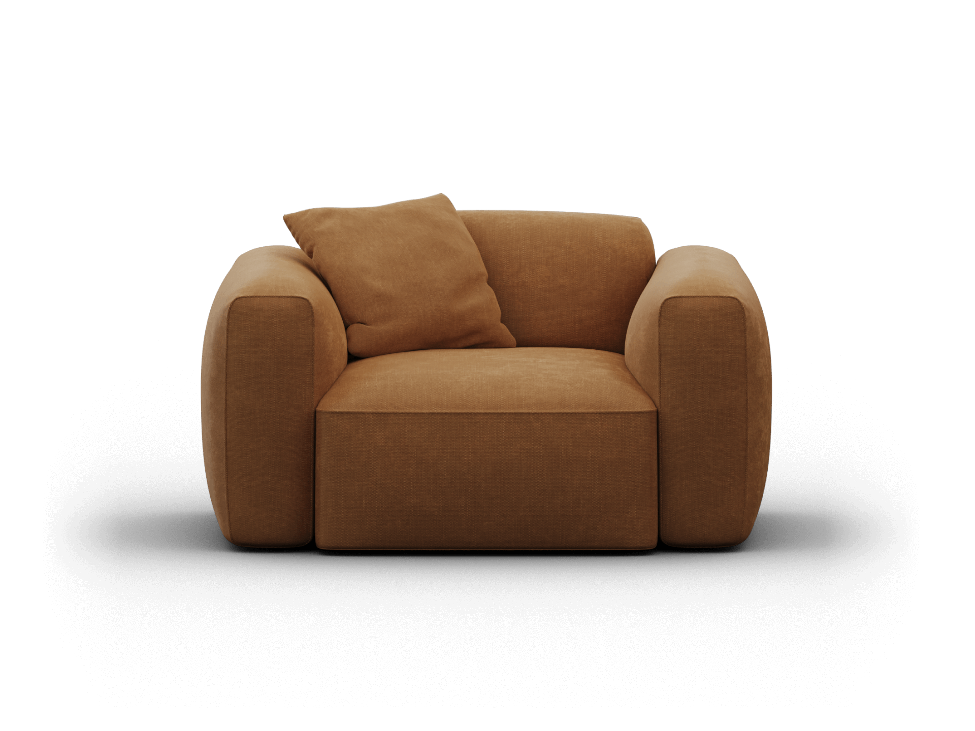 Elegant brown velvet armchair featuring plush cushioning and wide, rounded arms, perfect for a sophisticated living room setting.