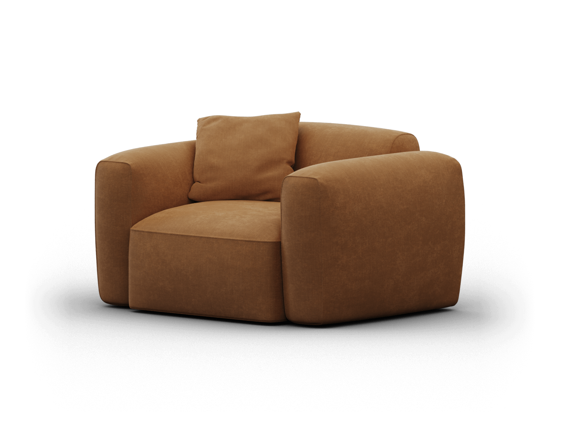 Luxurious armchair in rich caramel suede, featuring plush cushions and wraparound armrests, ideal for sophisticated modern living spaces.