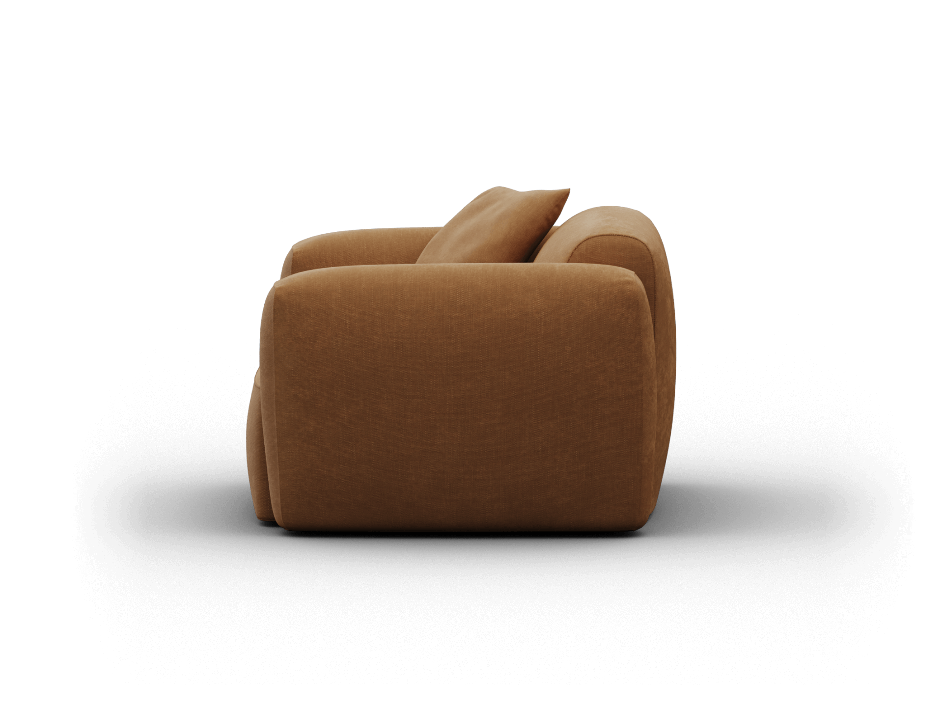 Side view of a plush brown fabric sofa featuring smooth curves and deep cushions. Upholstered in premium textile, ideal for luxurious living spaces.