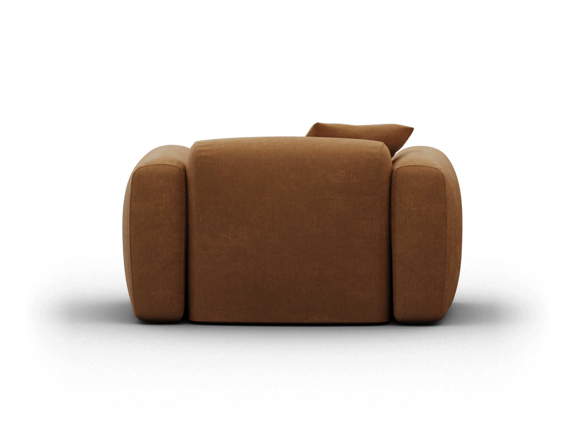Luxurious brown velvet armchair with plush seating, rounded armrests, and a minimalist design. Perfect for an upscale, contemporary living room.