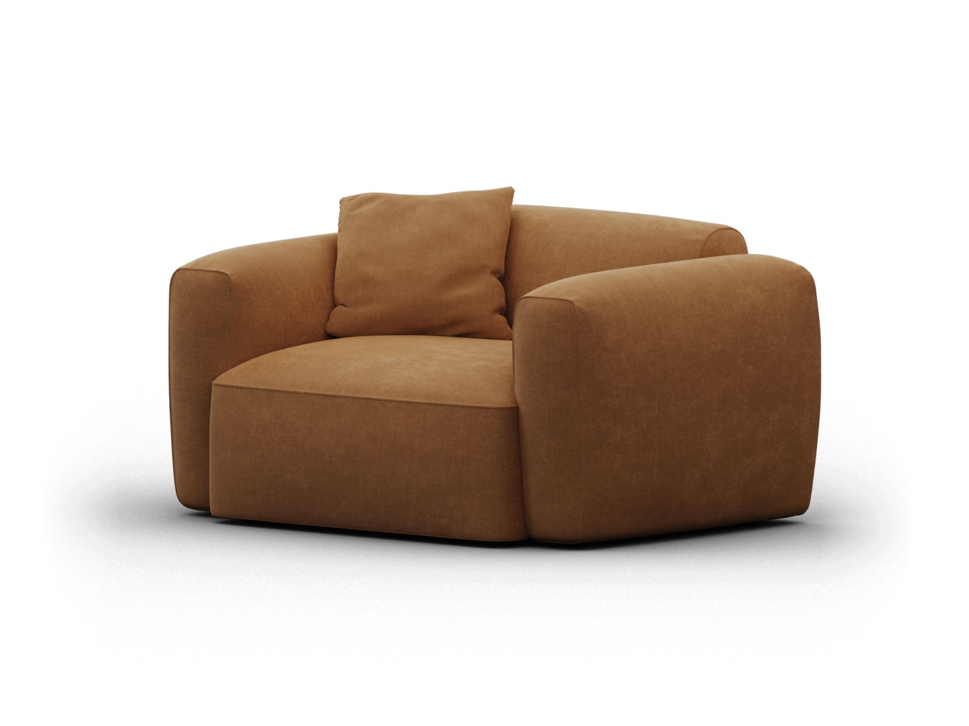Luxurious round armchair in rich caramel fabric, featuring plush cushions and thick arms, perfect for a modern living space.