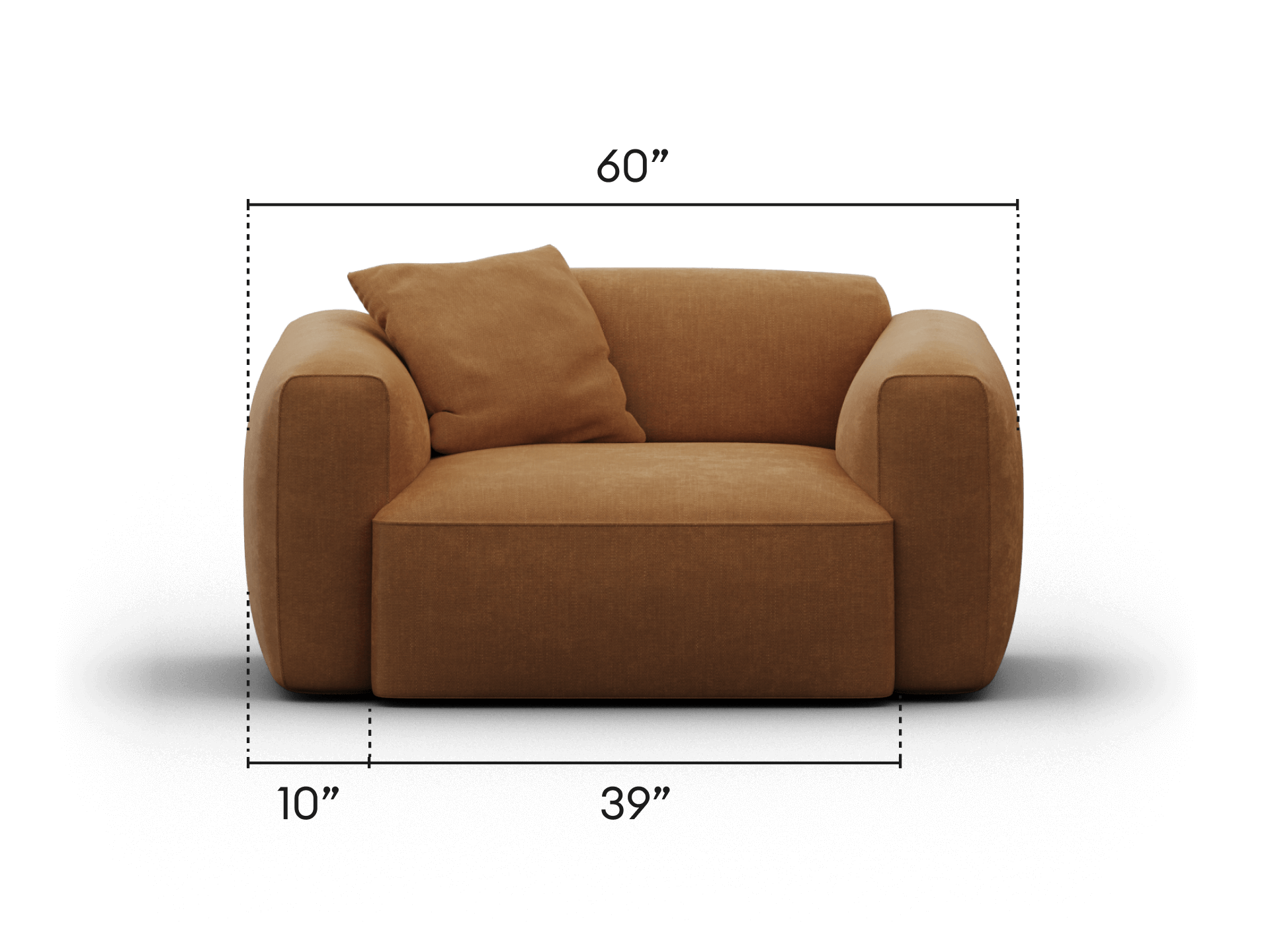 Luxurious armchair upholstered in rich caramel fabric, featuring plush cushions and rounded armrests, ideal for sophisticated living spaces.